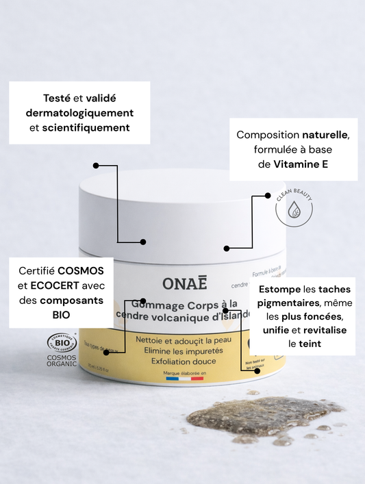 Gommage pour le corps à la cendre volcanique d'Islande Onaé Paris tous types de peaux - caractéristiques du produit