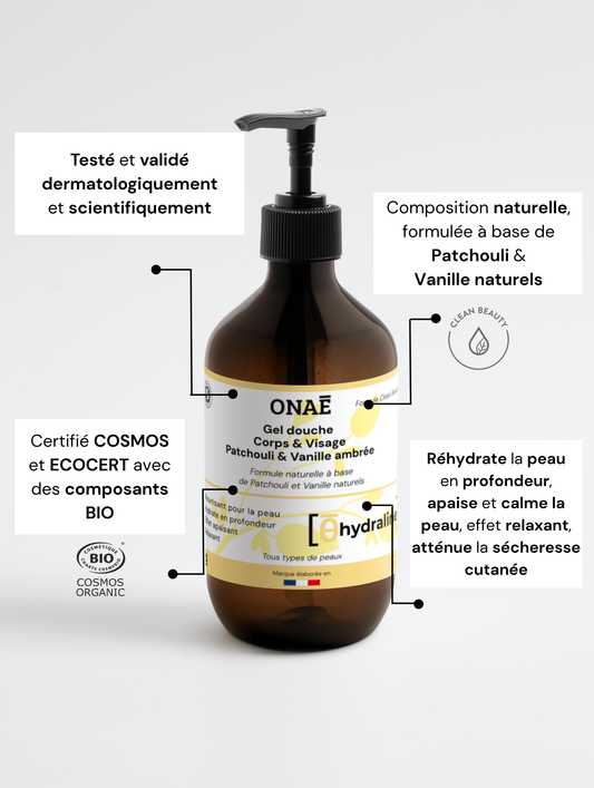 Gel douche corps et visage Patchouli & Vanille ambrée