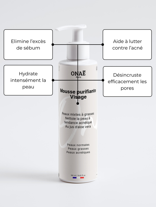 Mousse nettoyante et purifiante pour le visage spéciale acné Onaé paris tous types de peaux - détails du produit