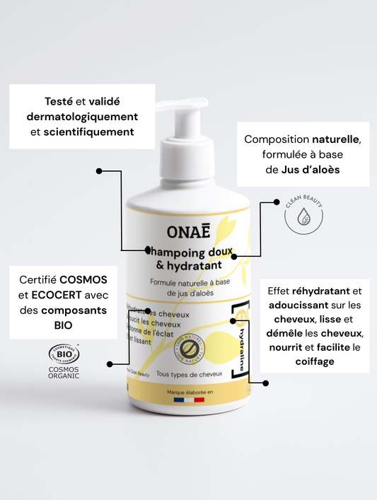 Shampoing hydratant cheveux doux Onaé Paris tous types de cheveux - caractéristiques du produit