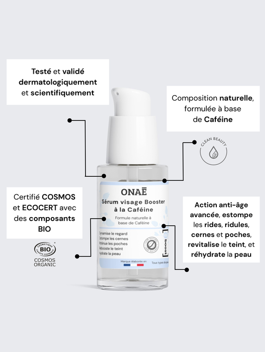 Sérum visage et yeux booster à la caféine Onaé Paris tous types de cheveux - caractéristiques du produit