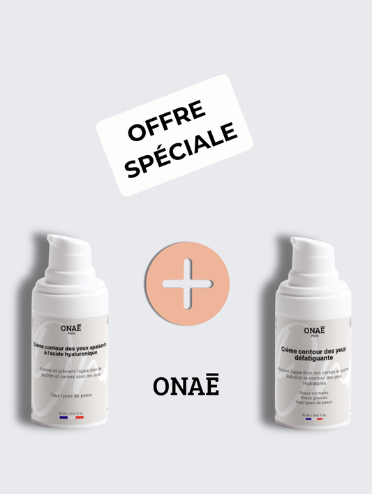 Crème contour des yeux à l'acide hyaluronique apaisante et Crème contour des yeux défatiguante Onaé paris tous types de peaux - vue principale 