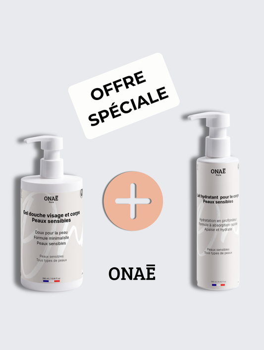 Gel douche corps et visage peaux sensibles et Lait pour le corps hydratant peaux sensibles Onaé paris tous types de peaux - vue principale