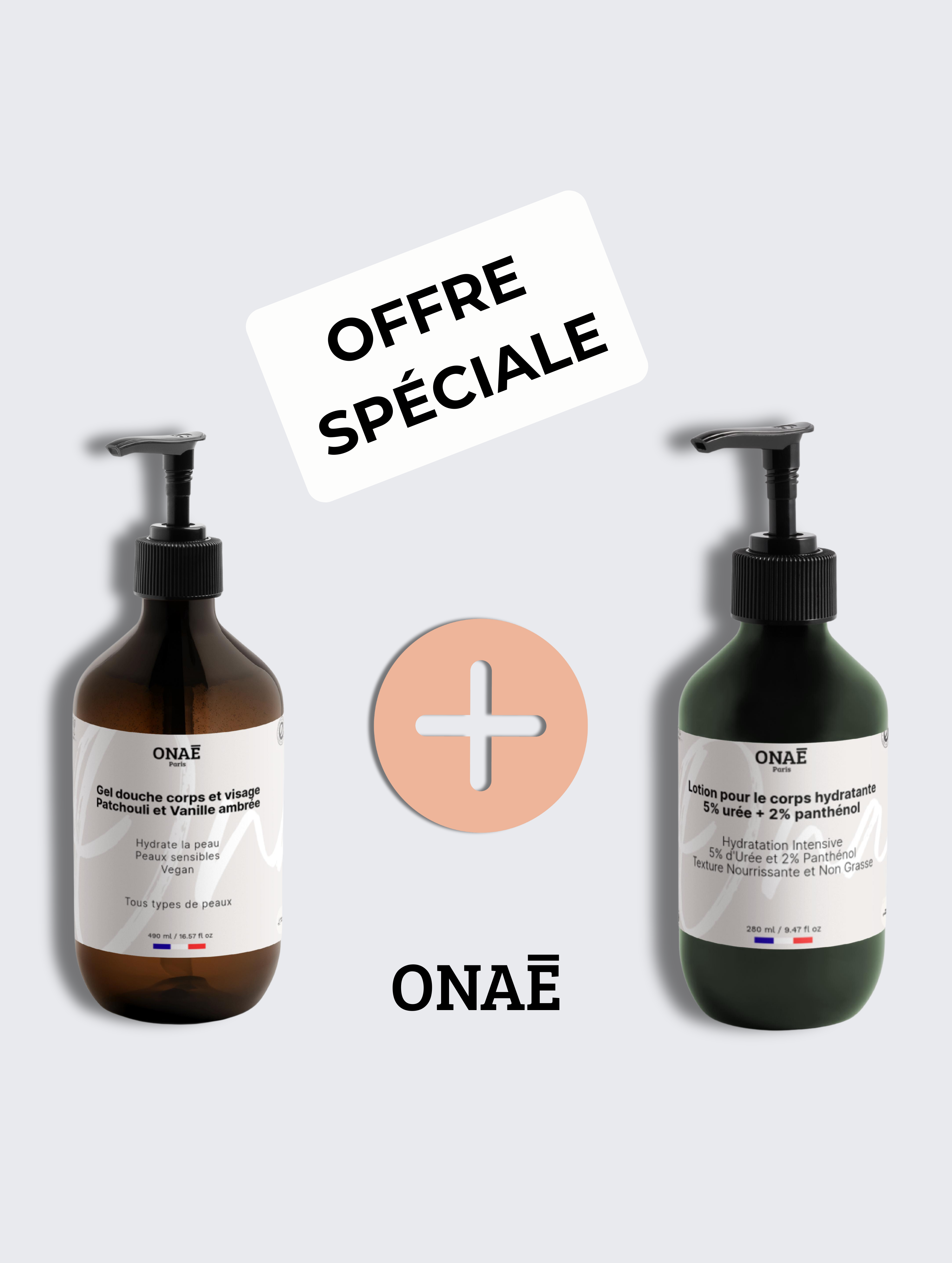 Gel douche corps et visage patchouli et vanille ambrée et Lotion hydratante pour le corps à l'urée et au panthénol  Onaé paris tous types de peaux - vue principale