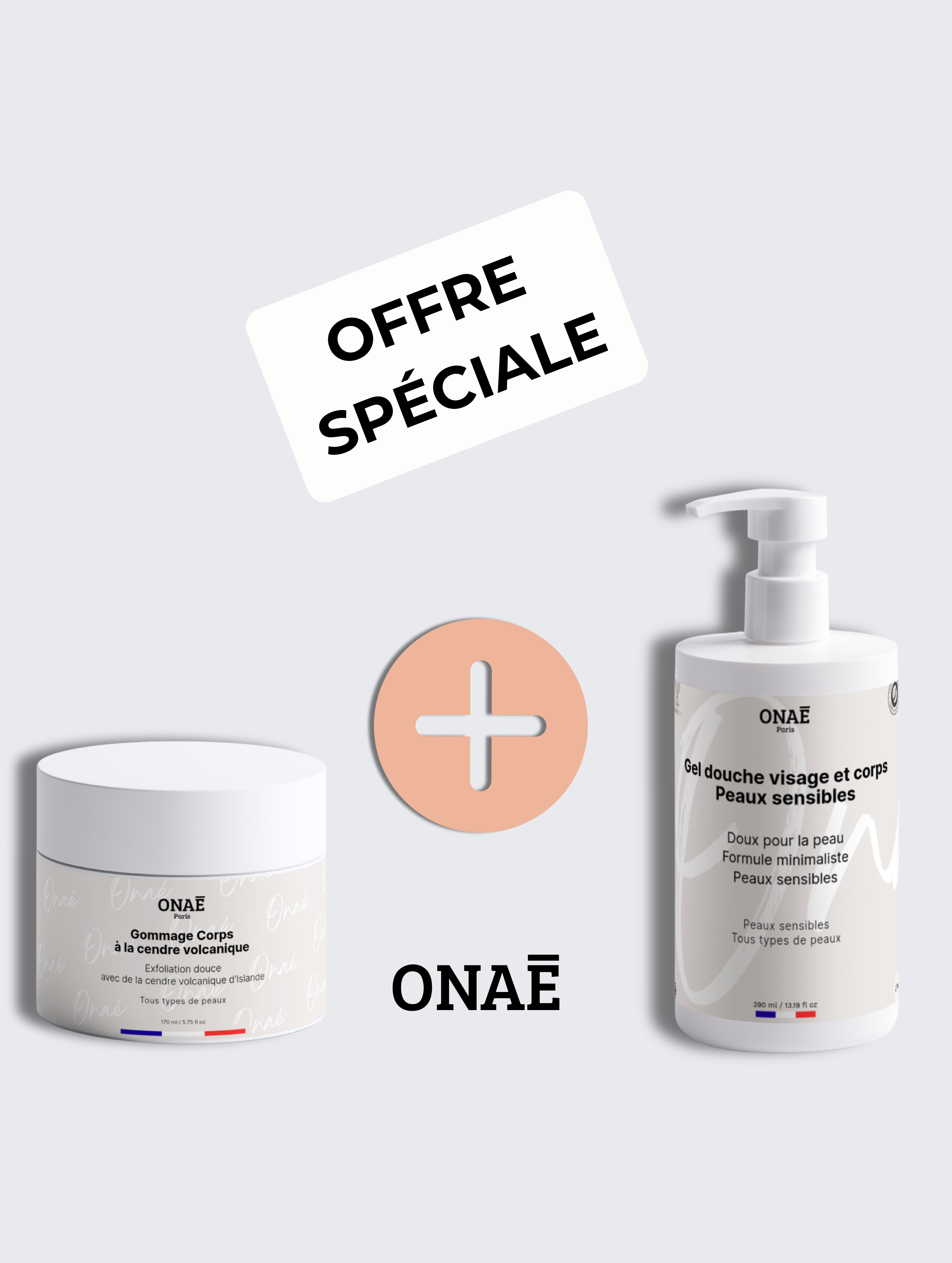Gommage pour le corps à la cendre volcanique et Gel douche corps et visage peaux sensibles Onaé paris tous types de peaux - vue principale