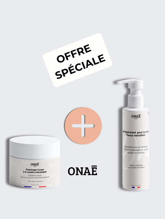 Gommage pour le corps à la cendre volcanique et Lait Corps hydratant peaux sensibles Onaé paris tous types de peaux - vue principale