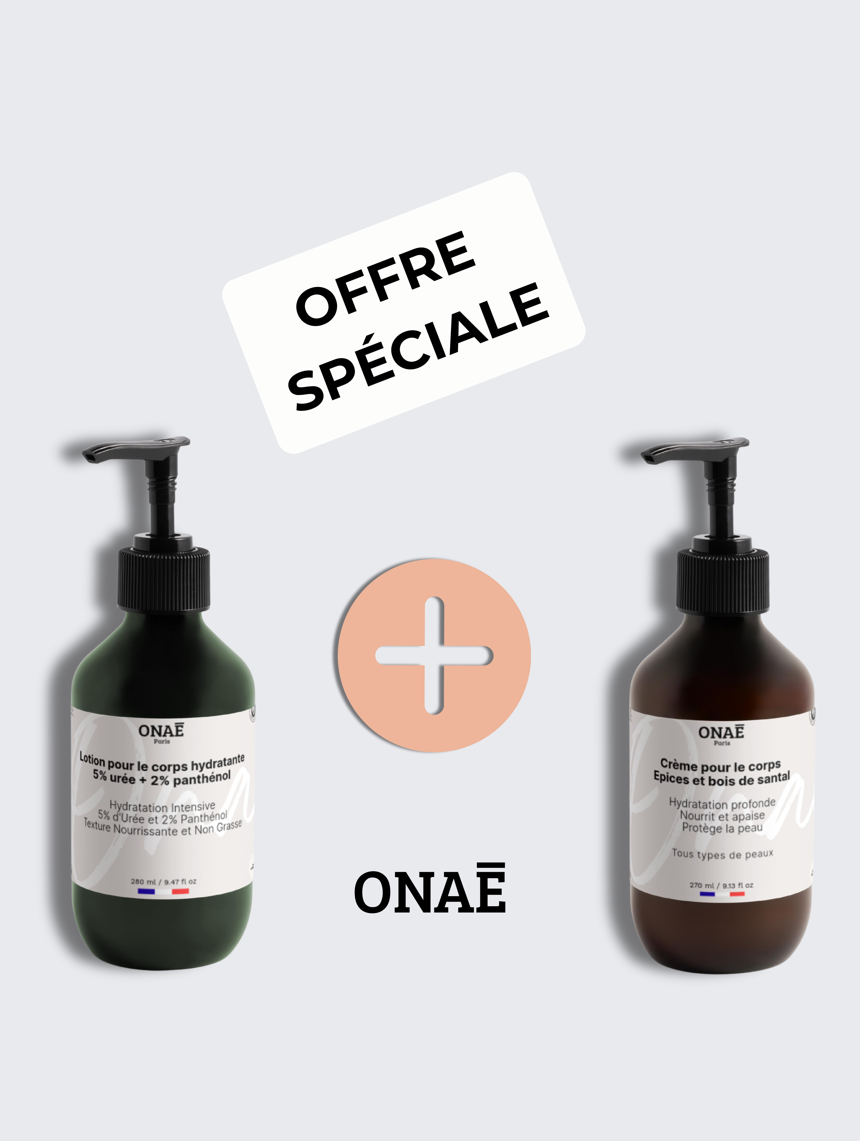 Lotion Corps hydratante à l'urée 5% et panthénol 2% et Sérum corps hydratant épices et bois de santal Onaé paris tous types de peaux - vue principale