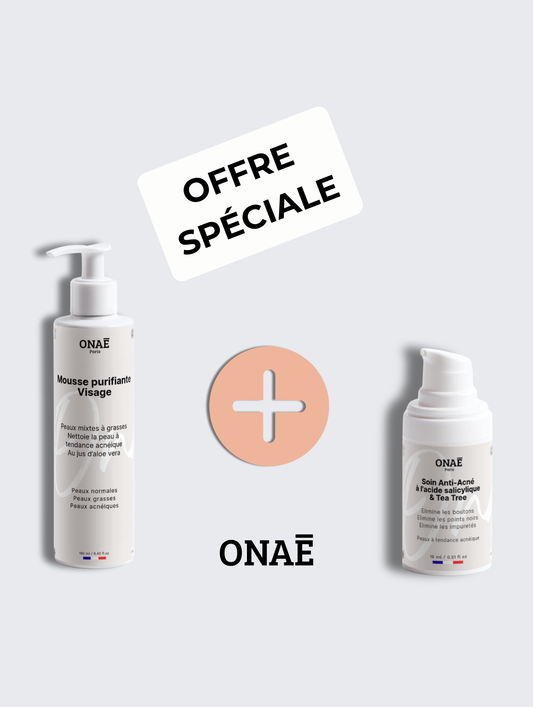 Mousse purifiante et nettoyante et Soin acné à l'acide salicylique et Tea Tree Onaé paris peaux à tendance acnéique - vue principale