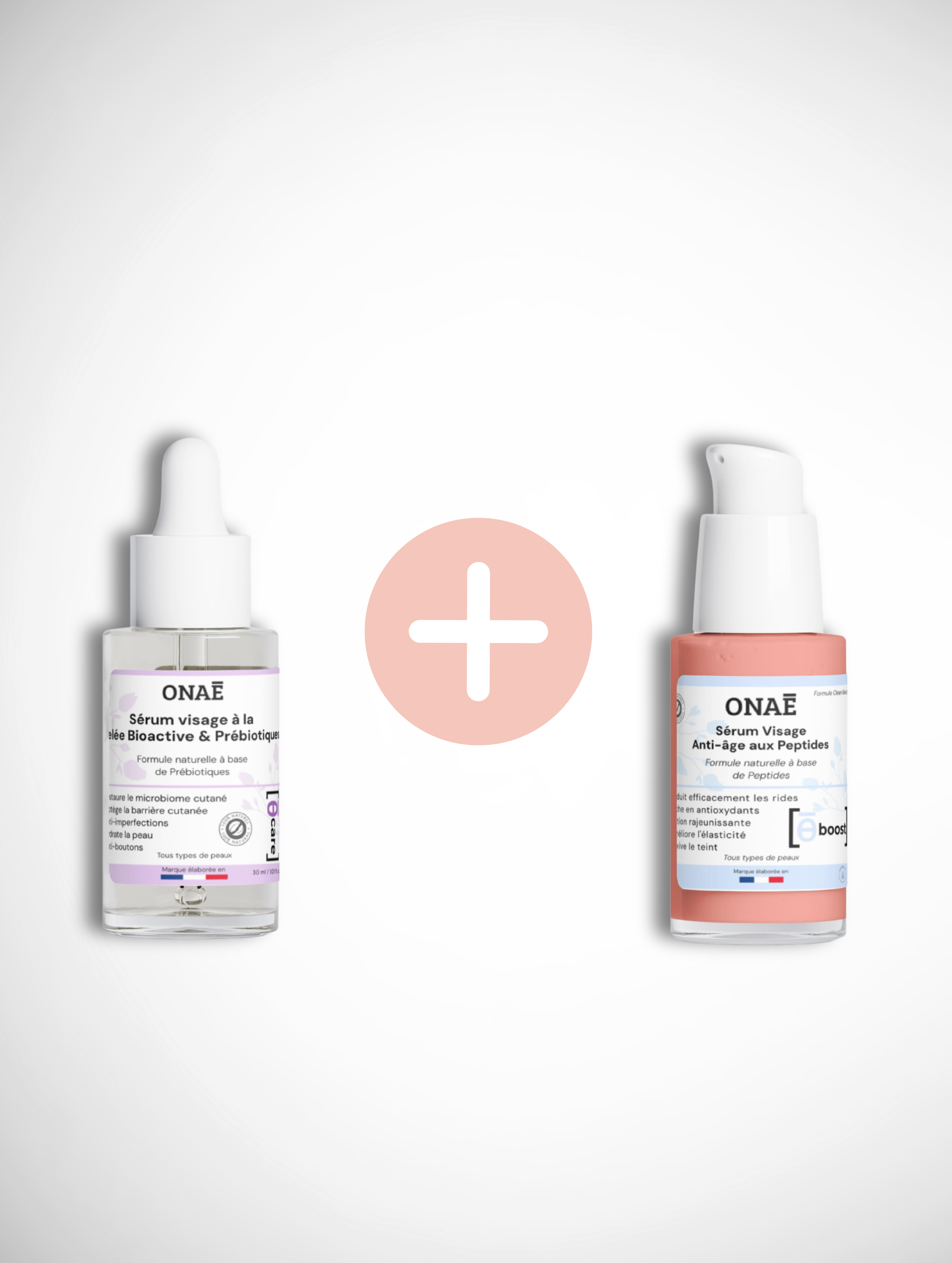 Offre sérum visage à la gelée bioactive et prébiotiques et sérum visage anti-âge aux peptides Onaé Paris tous types de peaux - vue principale