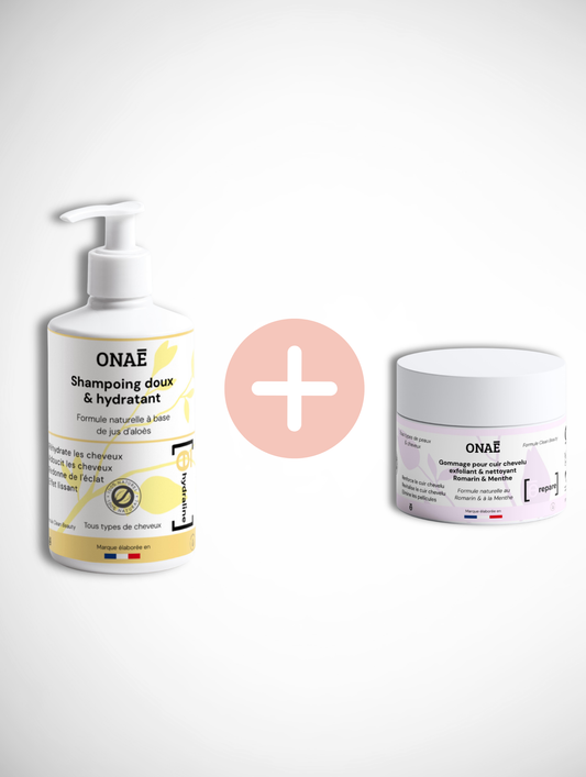 Offre shampoing doux et hydratant et gommage pour cuir chevelu Onaé paris tous types de cheveux - vue principale