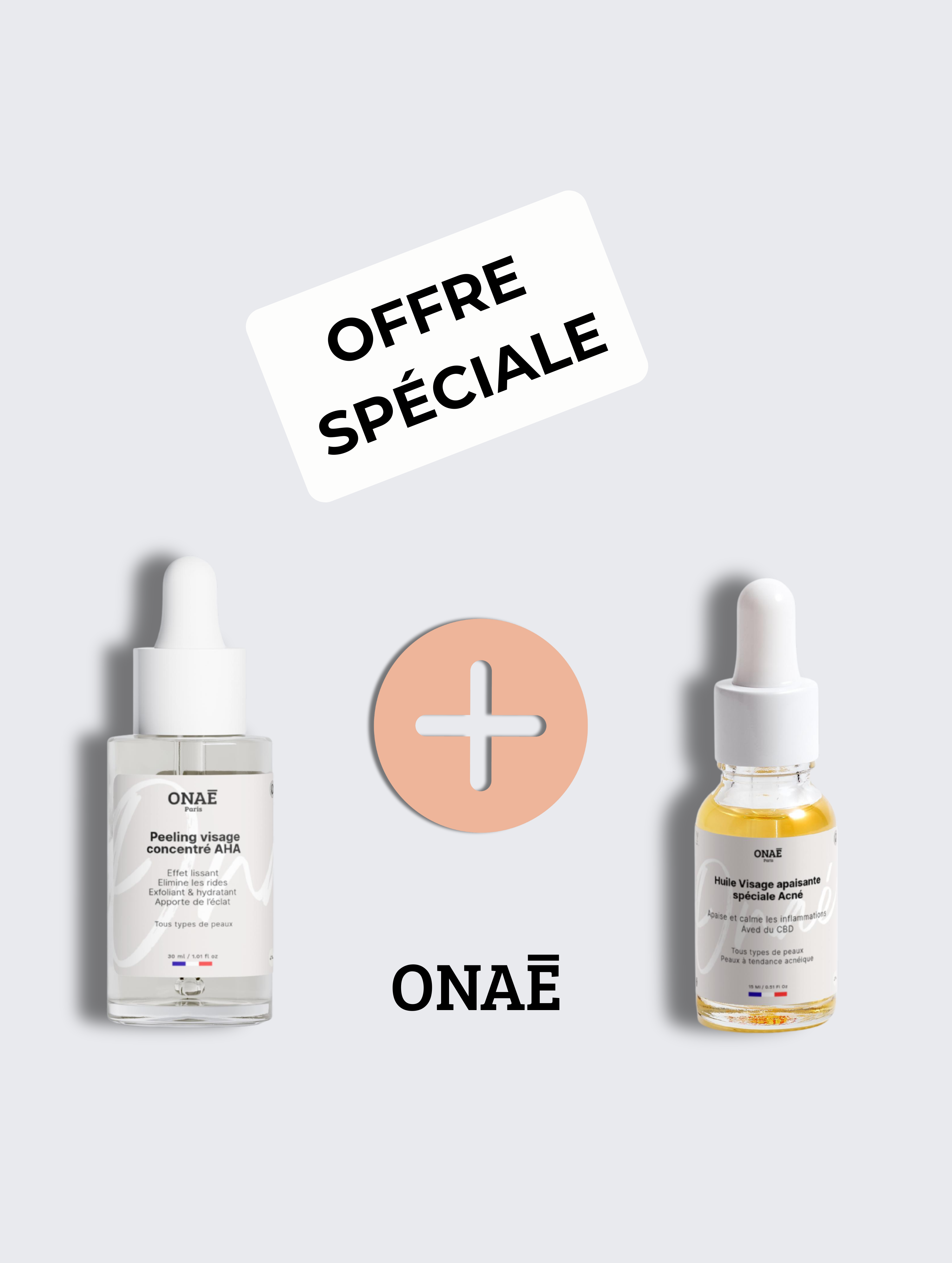 Peeling pour le visage concentré en AHA et Huile pour le visage apaisante spéciale Acné Onaé paris peaux à tendance acnéique - vue principale 