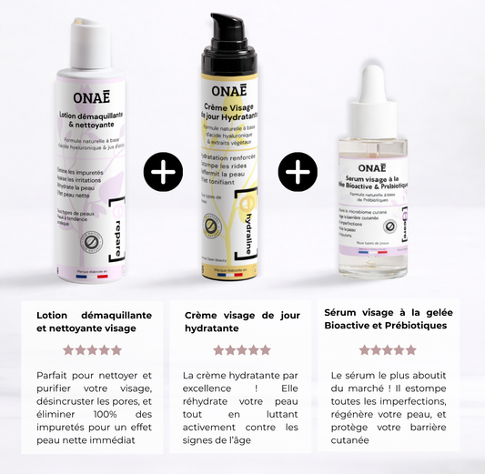 Routine Star : Lotion démaquillante et nettoyante visage + Crème visage de jour hydratante + Sérum visage à la gelée Bioactive et Prébiotiques