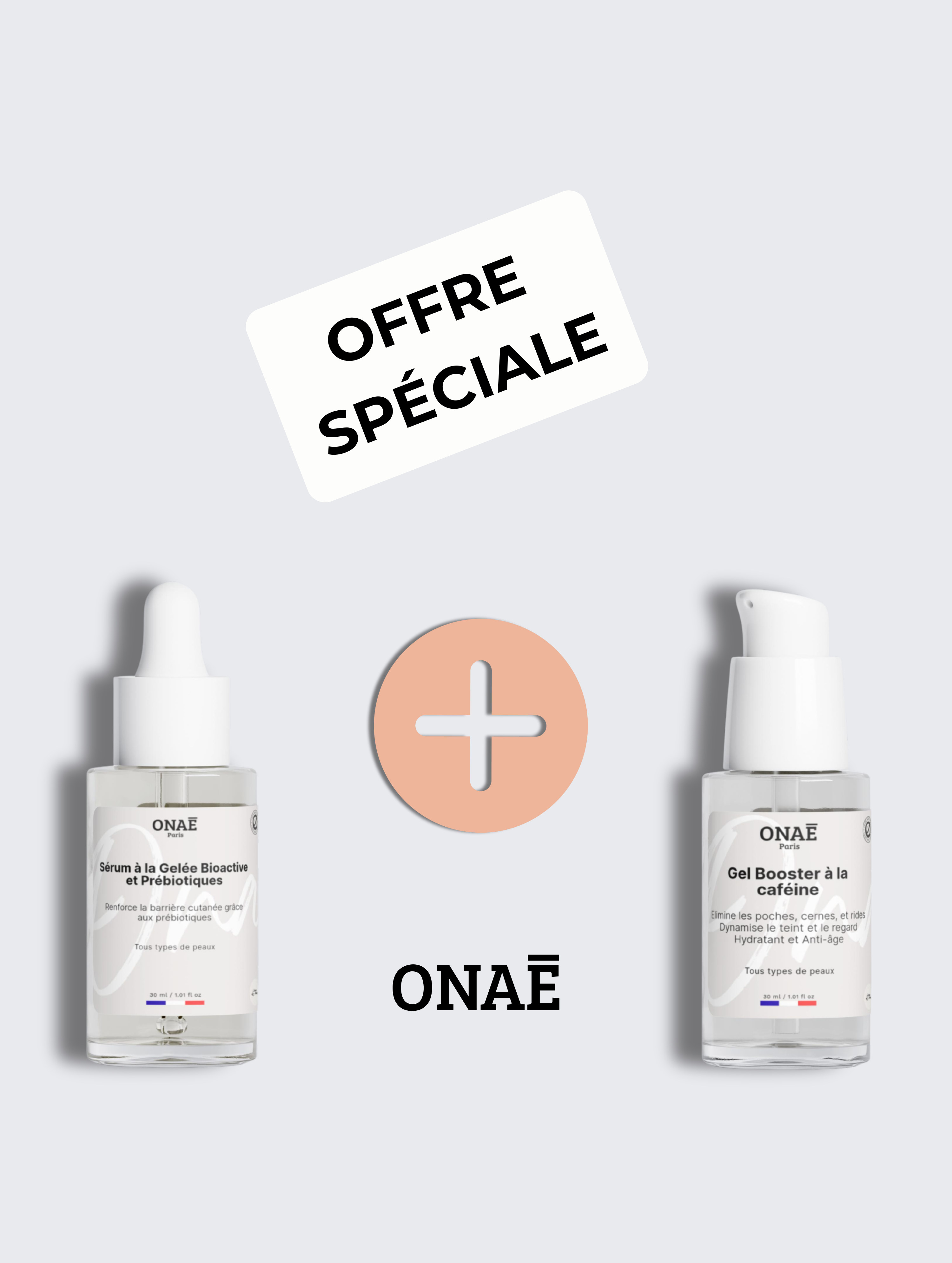 Sérum visage à la gelée bioactive et prébiotiques et Gel visage booster à la caféine Onaé paris tous types de peaux - vue principale 