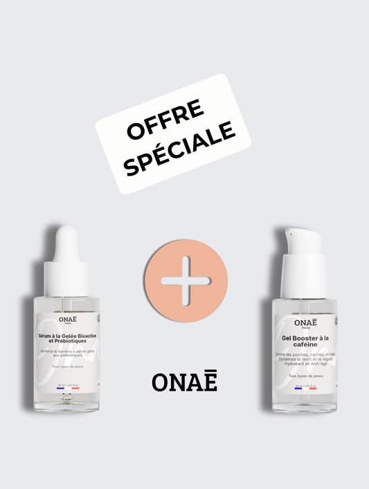 Sérum visage à la gelée bioactive et prébiotiques et Gel visage booster à la caféine Onaé paris tous types de peaux - vue principale 