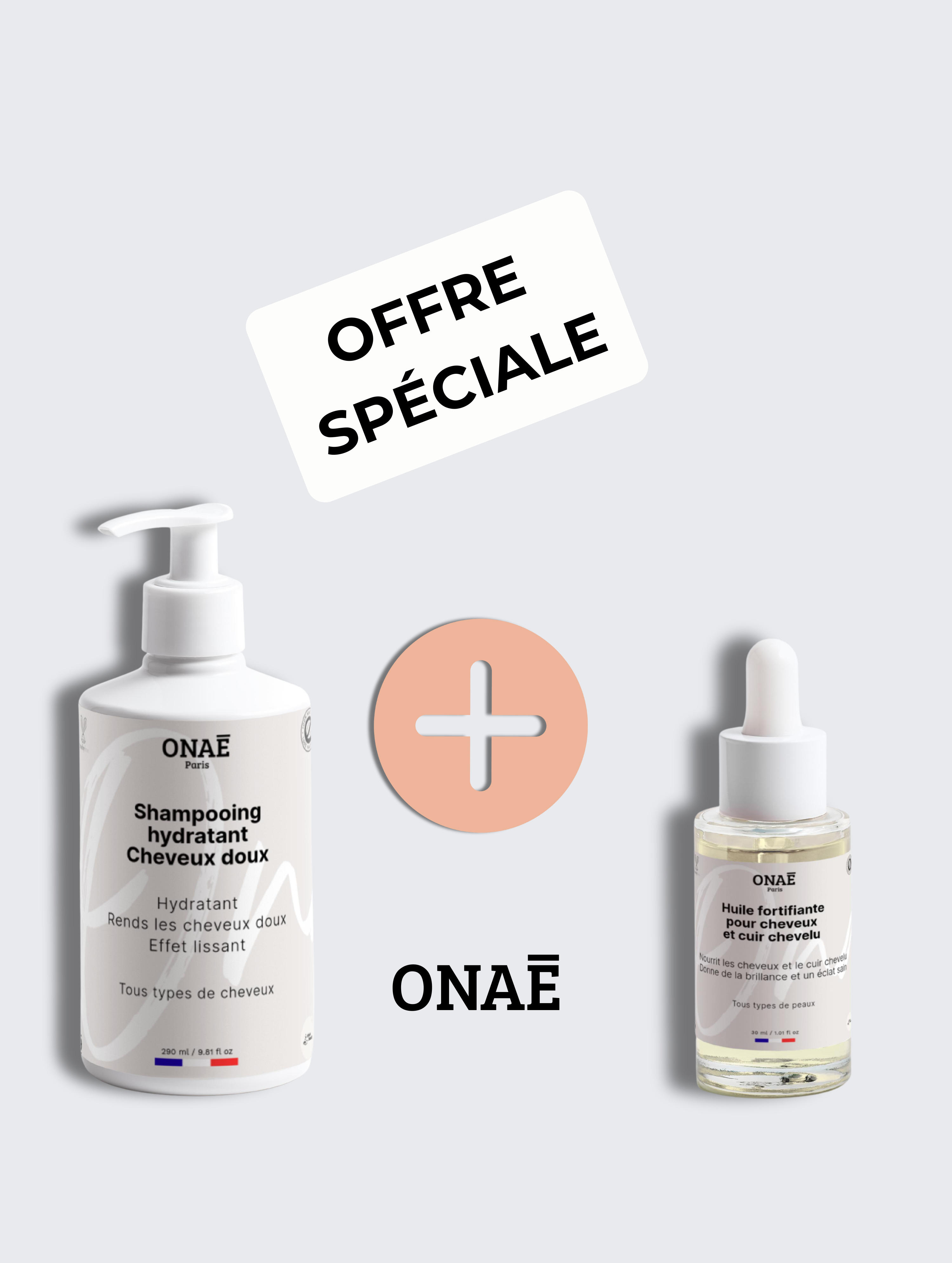 Shampoing cheveux doux et hydratant et Huile fortifiante cheveux et cuir chevelu Onaé paris tous types de cheveux - vue principale