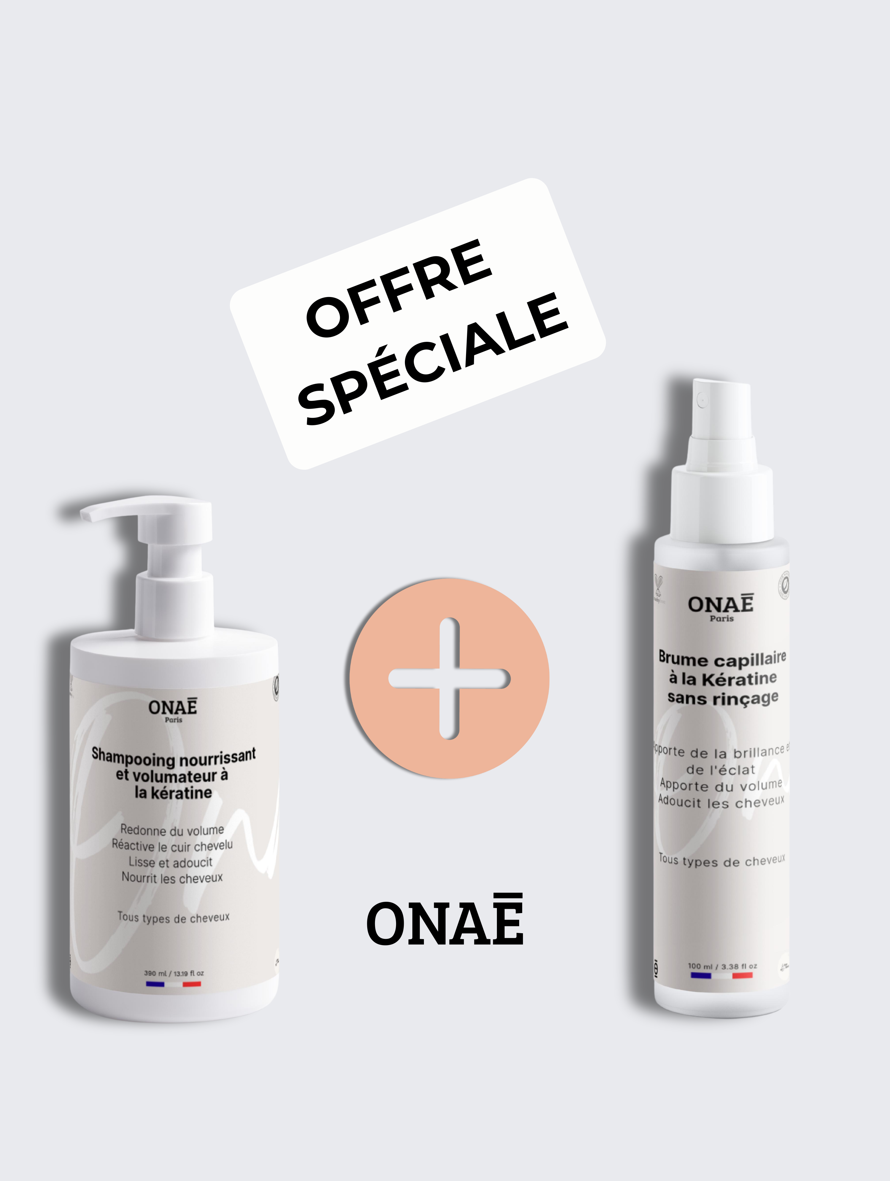 Shampoing nourrissant et volumateur à la kératine et Brume capillaire à la kératine Onaé paris tous types de cheveux - vue principale 
