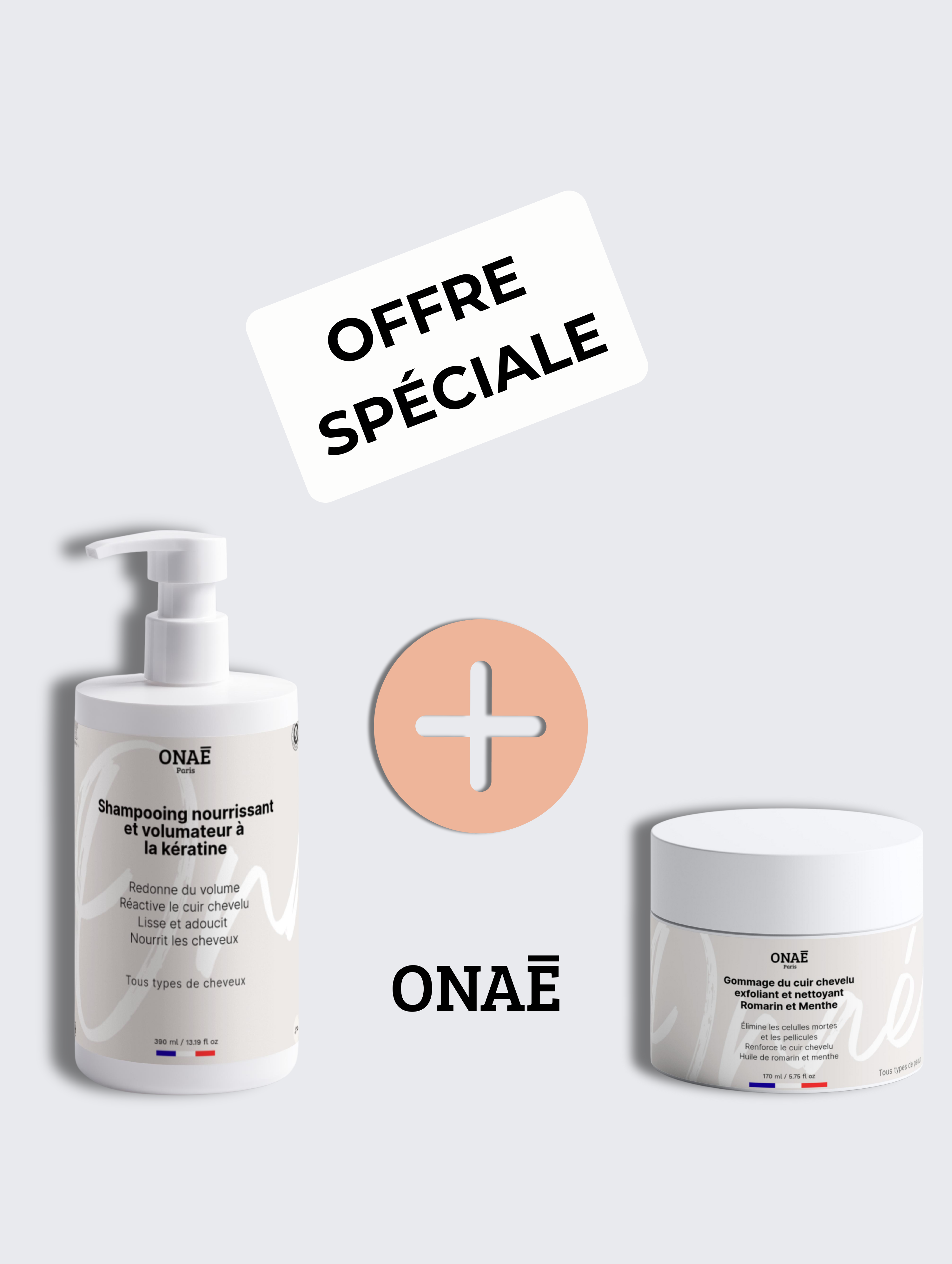 Shampoing nourrissant et volumateur à la kératine et Gommage cuir chevelu Romarin et Menthe Onaé paris tous types de cheveux - vue principale 