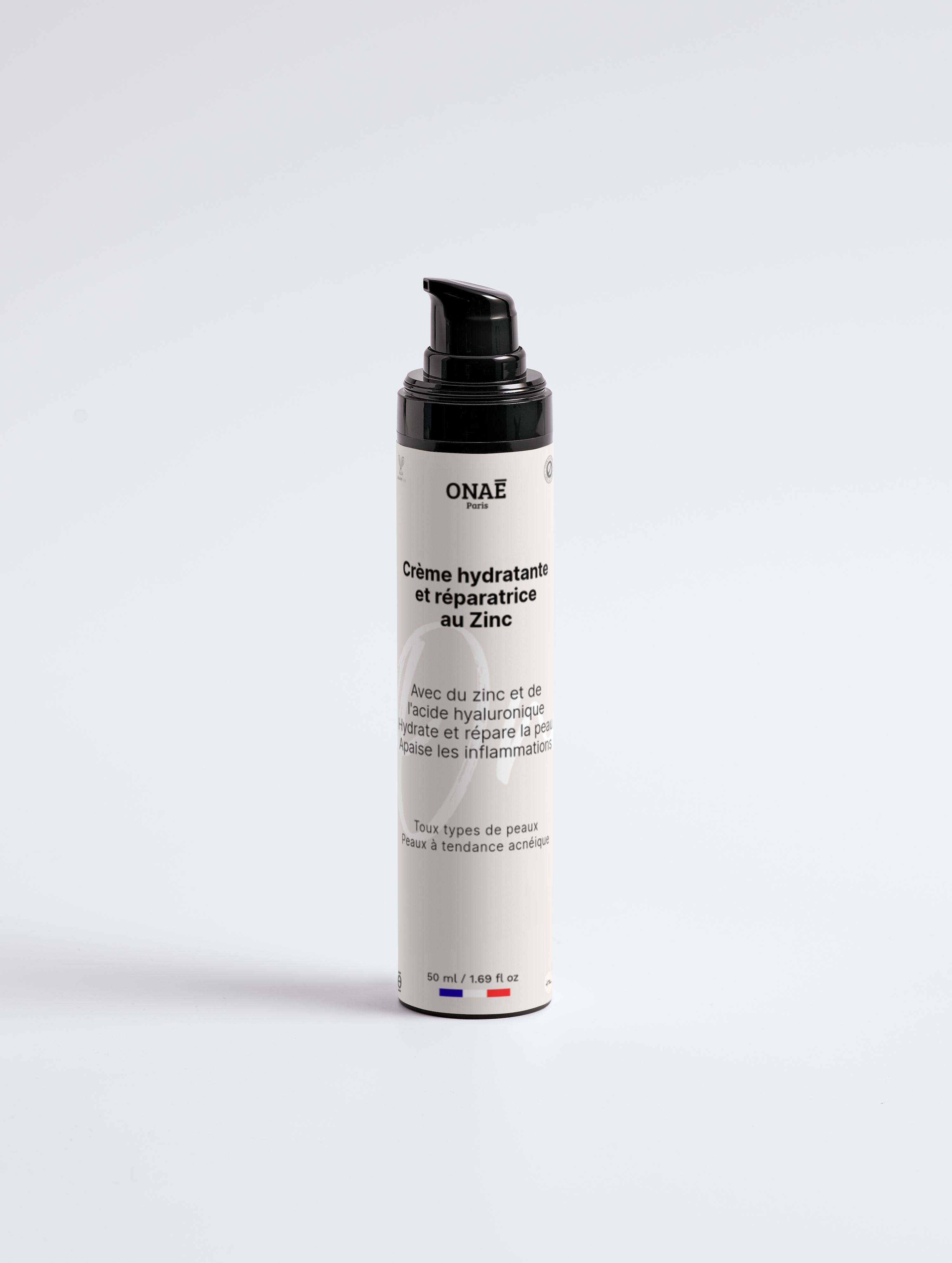 Crème hydratante et réparatrice au Zinc Onaé paris peaux à tendance acnéique - flacon vue de face