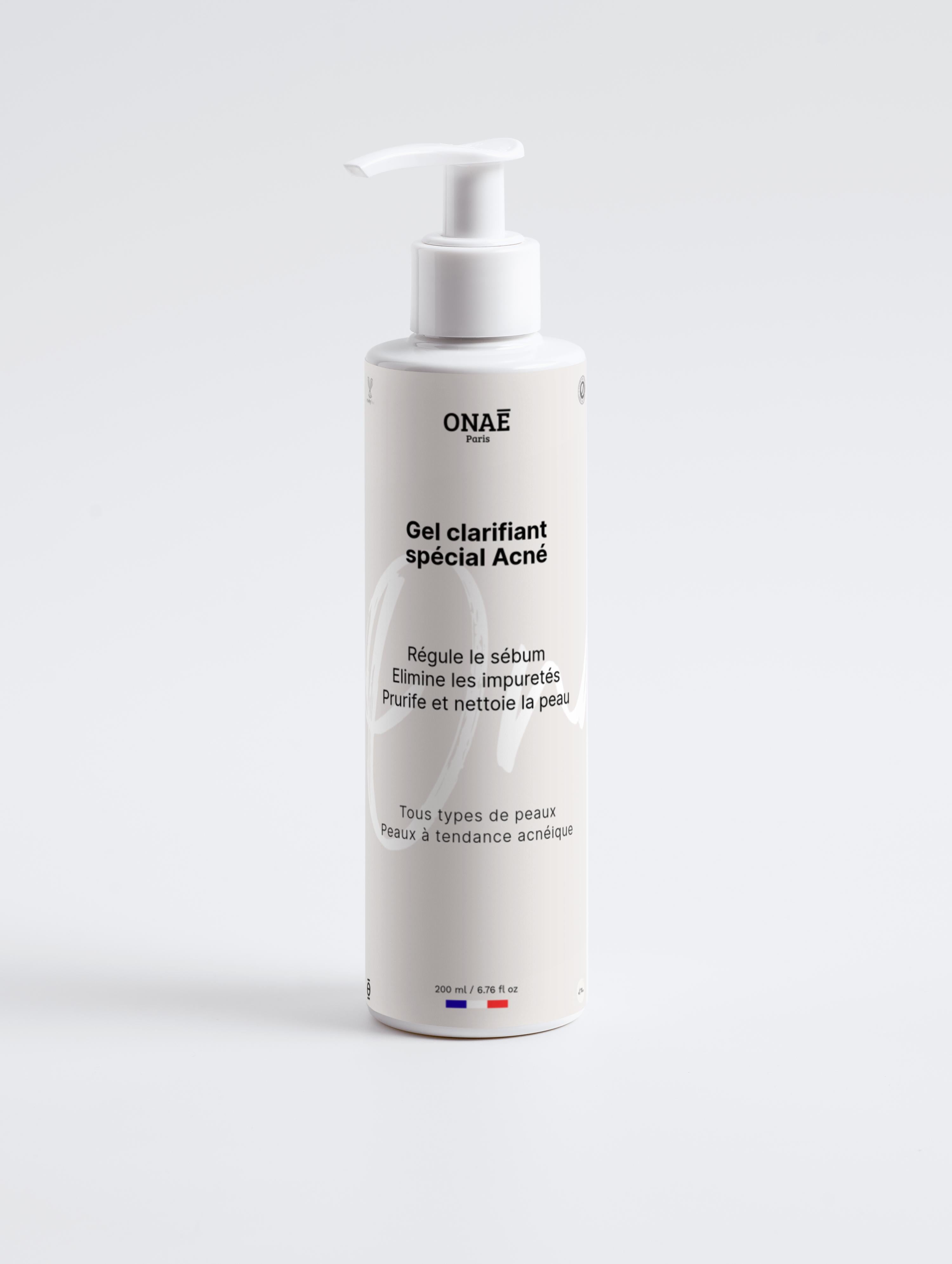 Gel clarifiant pour le visage spécial Acné Onaé paris peaux à tendance acnéique - flacon vue de face