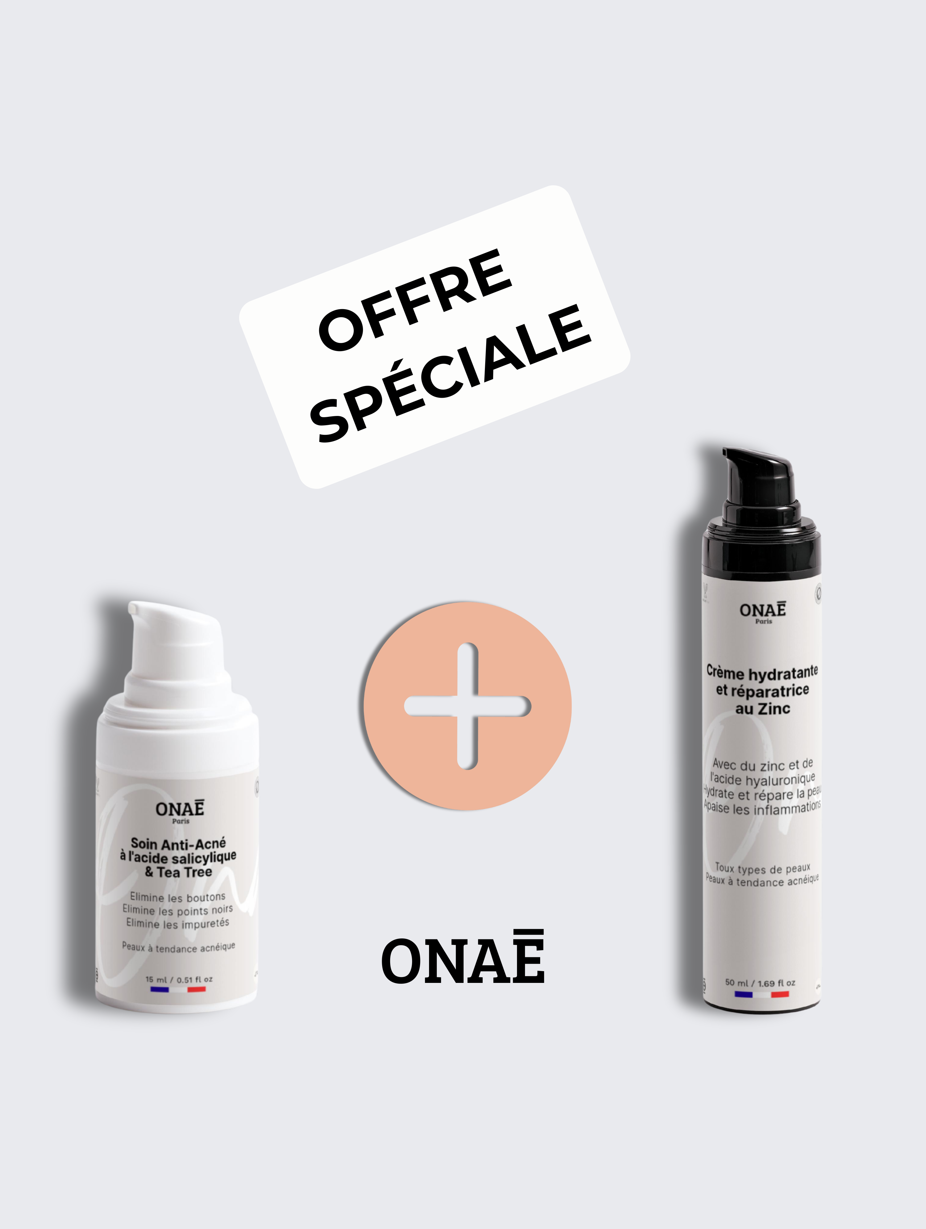 Soin Acné à l'acide salicylique et Tea Tree et Crème hydratante et réparatrice au Zinc Onaé paris peaux à tendance acnéique - vue principale 