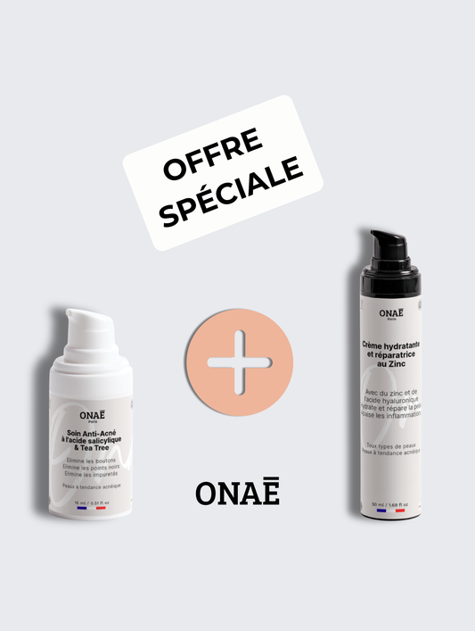 Soin Acné à l'acide salicylique et Tea Tree et Crème hydratante et réparatrice au Zinc Onaé paris peaux à tendance acnéique - vue principale 