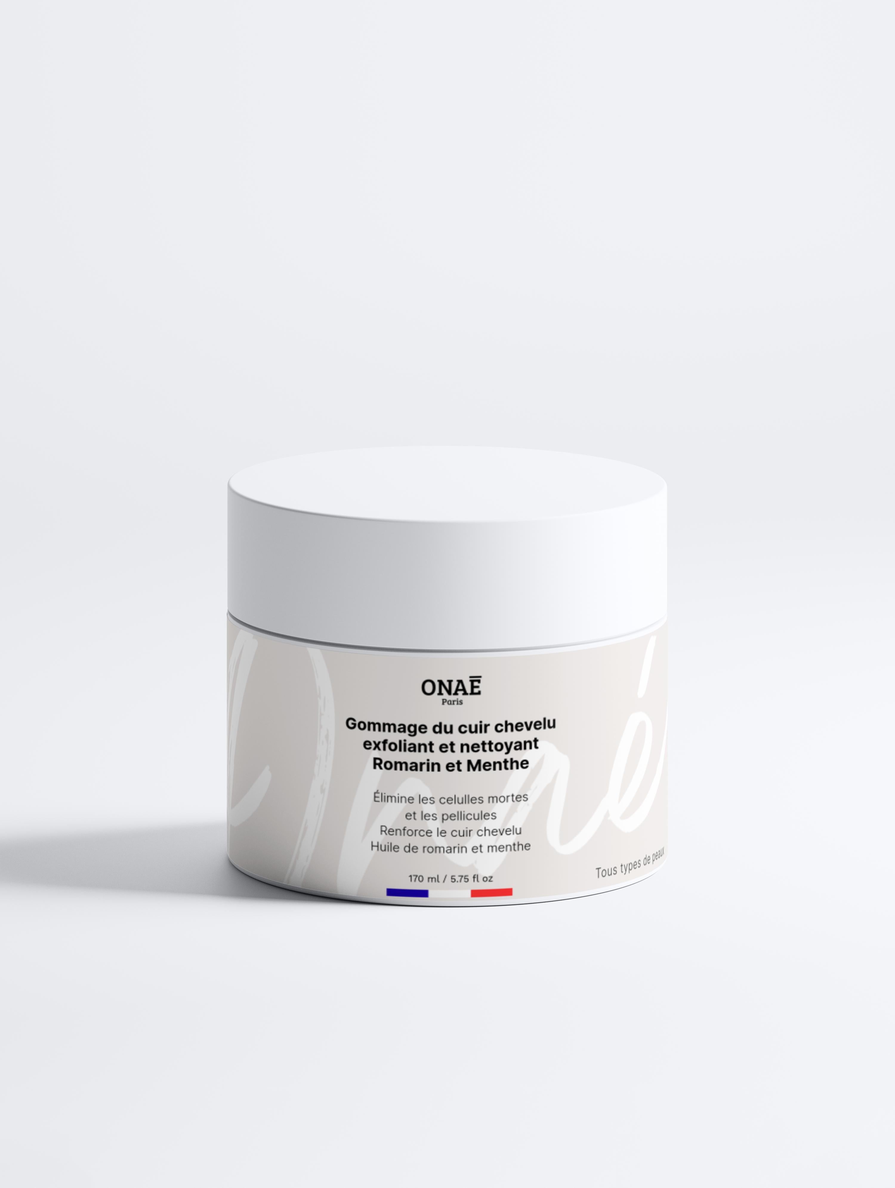 Gommage pour cuir chevelu exfoliant et nettoyant au romarin et à la menthe Onaé paris tous types de peaux - pot vue de face