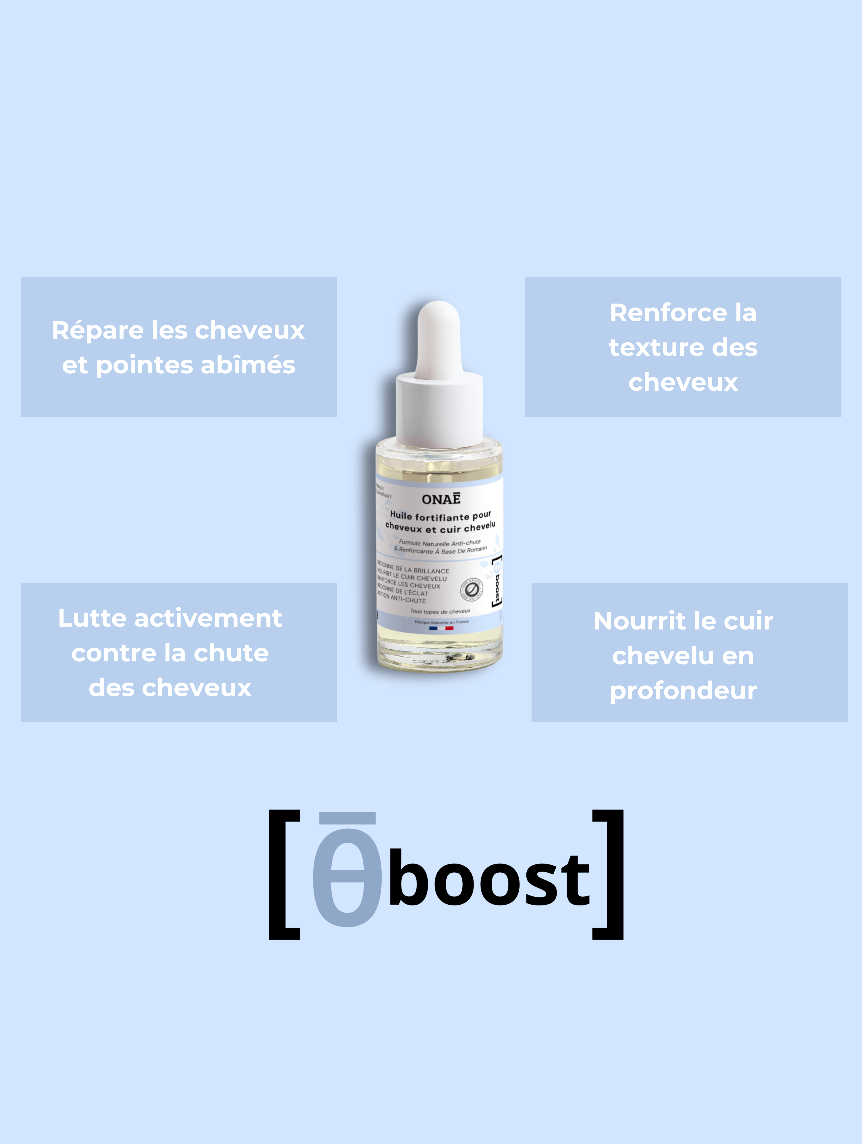 Huile fortifiante pour cheveux et cuir chevelu au Romarin Onaé Paris tous types de cheveux - avantages du produit