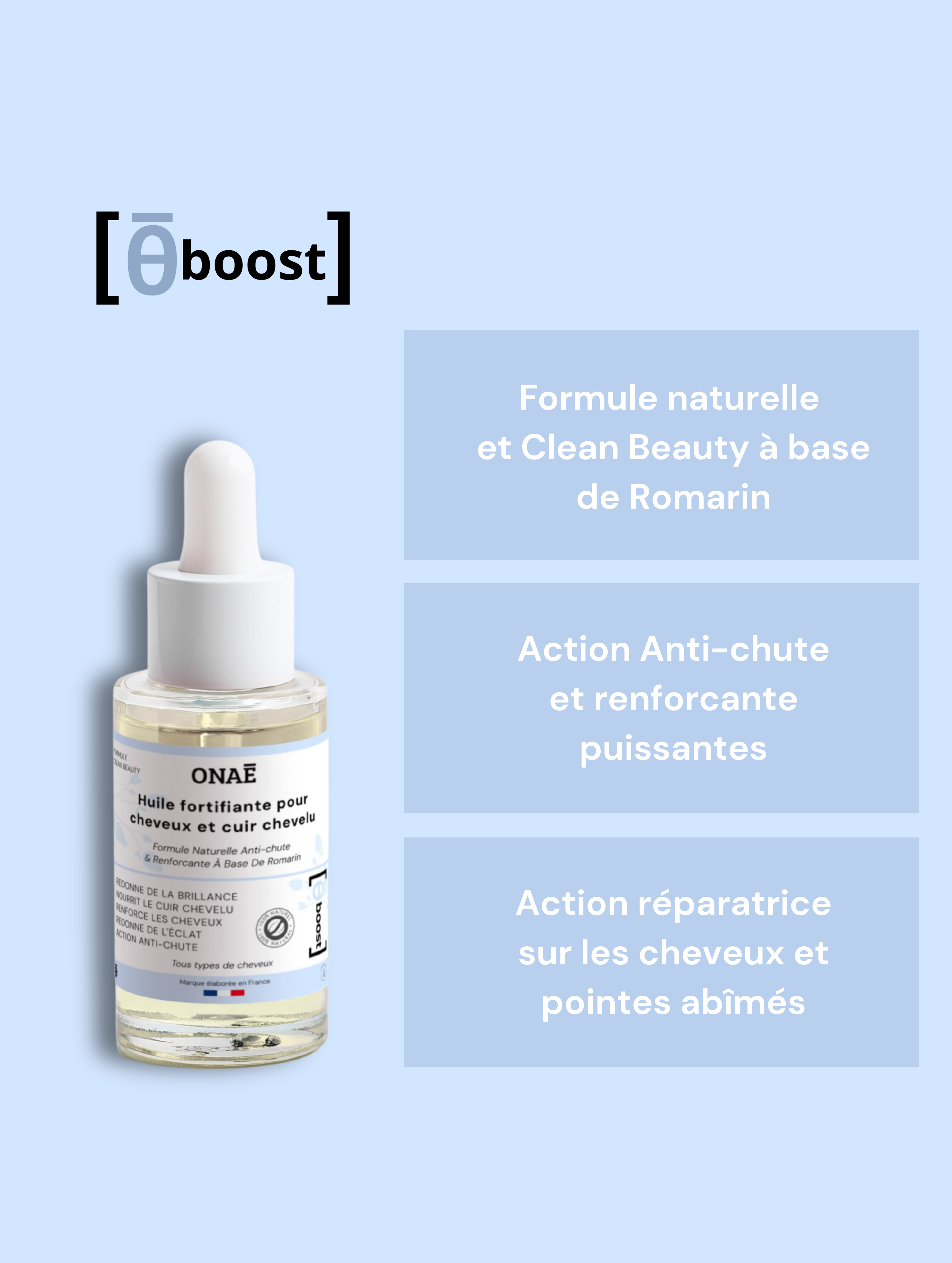 Huile fortifiante pour cheveux et cuir chevelu au Romarin Onaé Paris tous types de cheveux - détails du produit