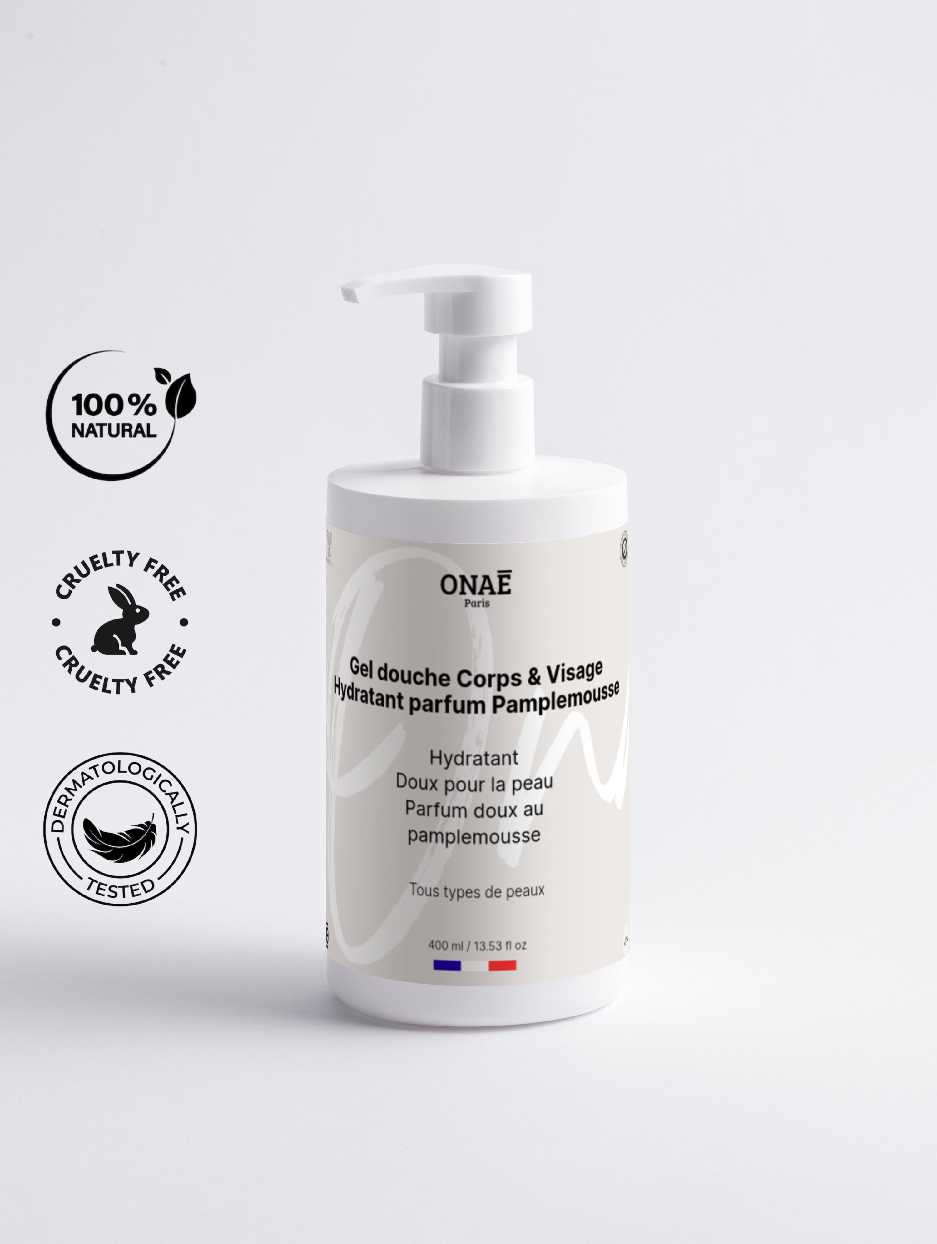 Gel douche corps et visage hydratant parfum pamplemousse Onaé Paris tous types de peaux - vue principale