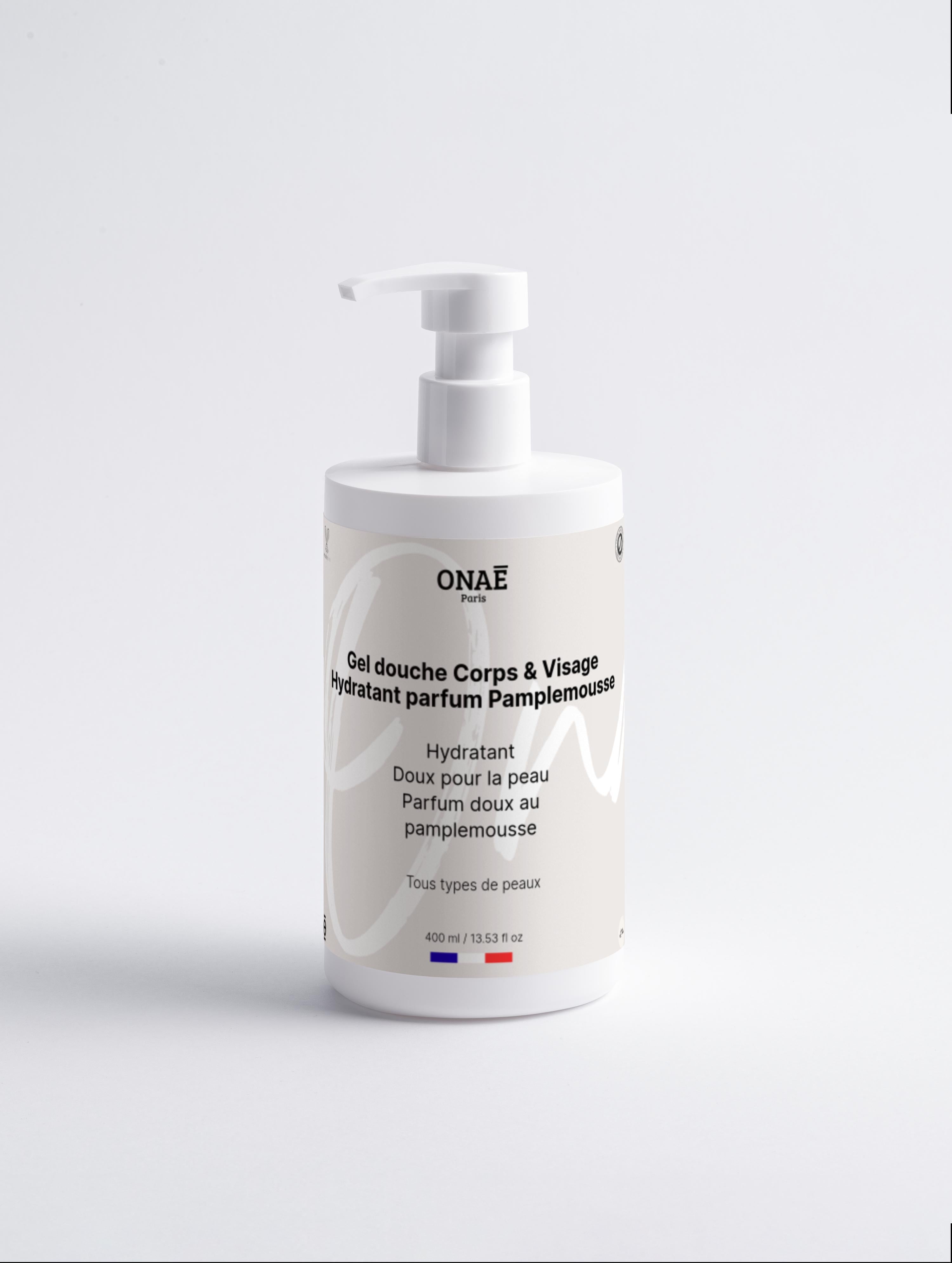 Gel douche corps et visage hydratant parfum pamplemousse Onaé Paris tous types de peaux - flacon vue de face
