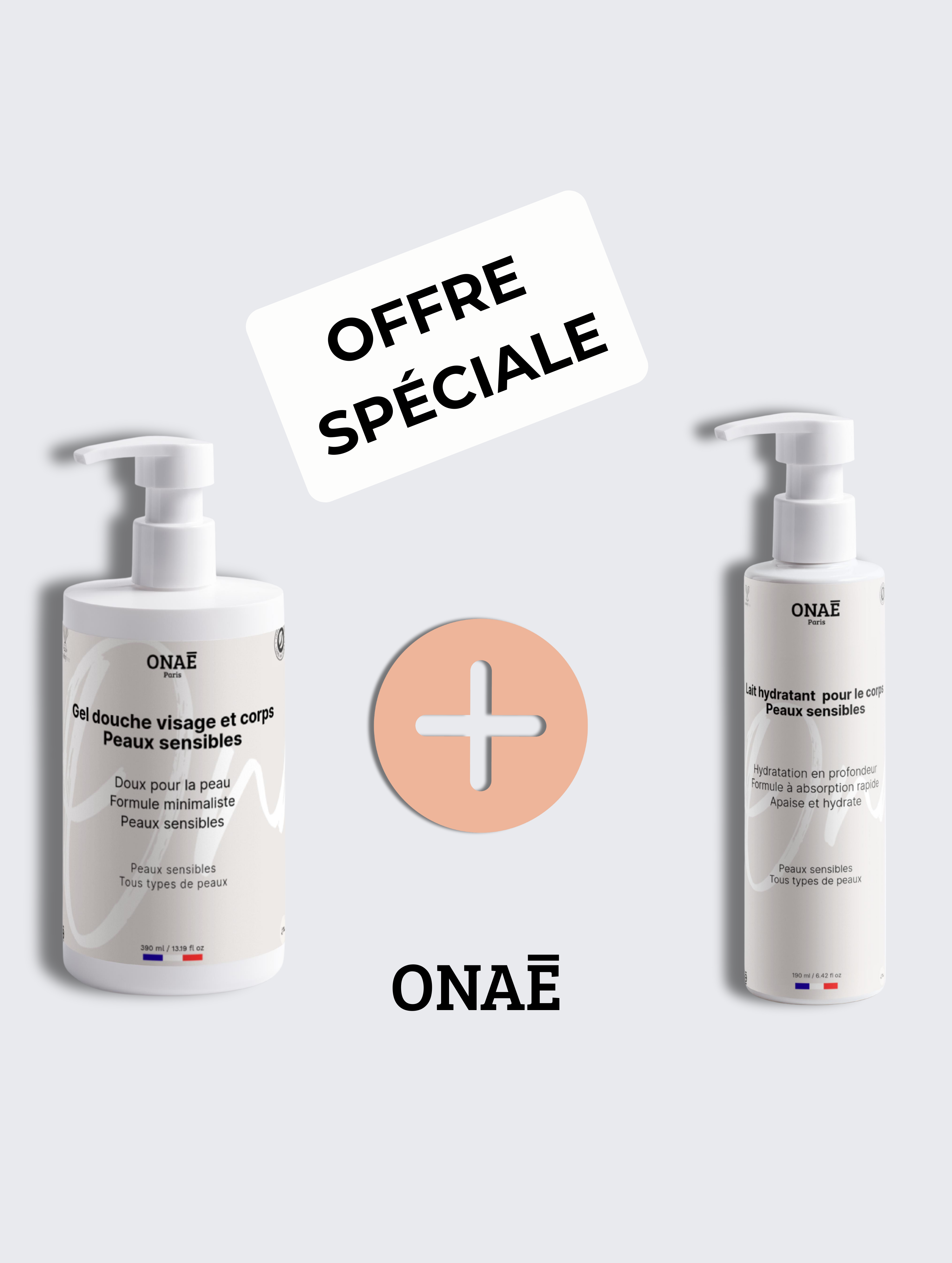 Gel douche Corps et Visage peaux sensibles et Lait hydratant corps peaux sensibles Onaé paris tous types de peaux - vue principale