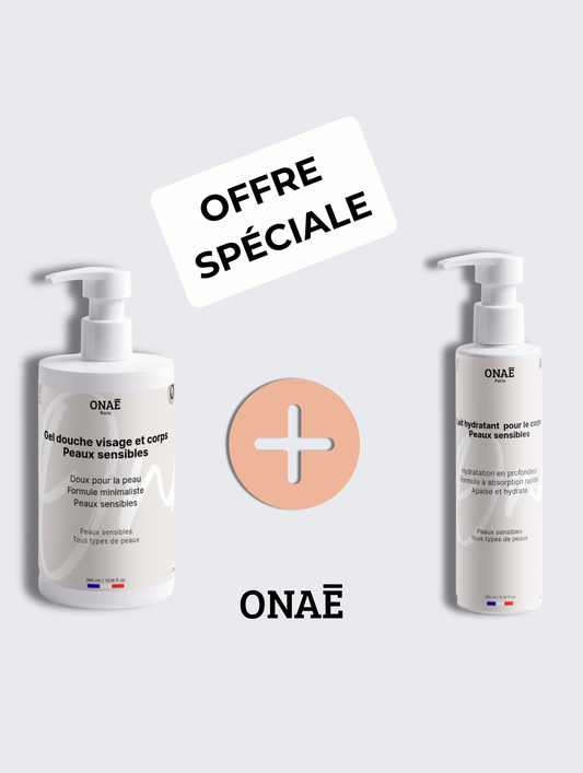 Gel douche Corps et Visage peaux sensibles et Lait hydratant corps peaux sensibles Onaé paris tous types de peaux - vue principale