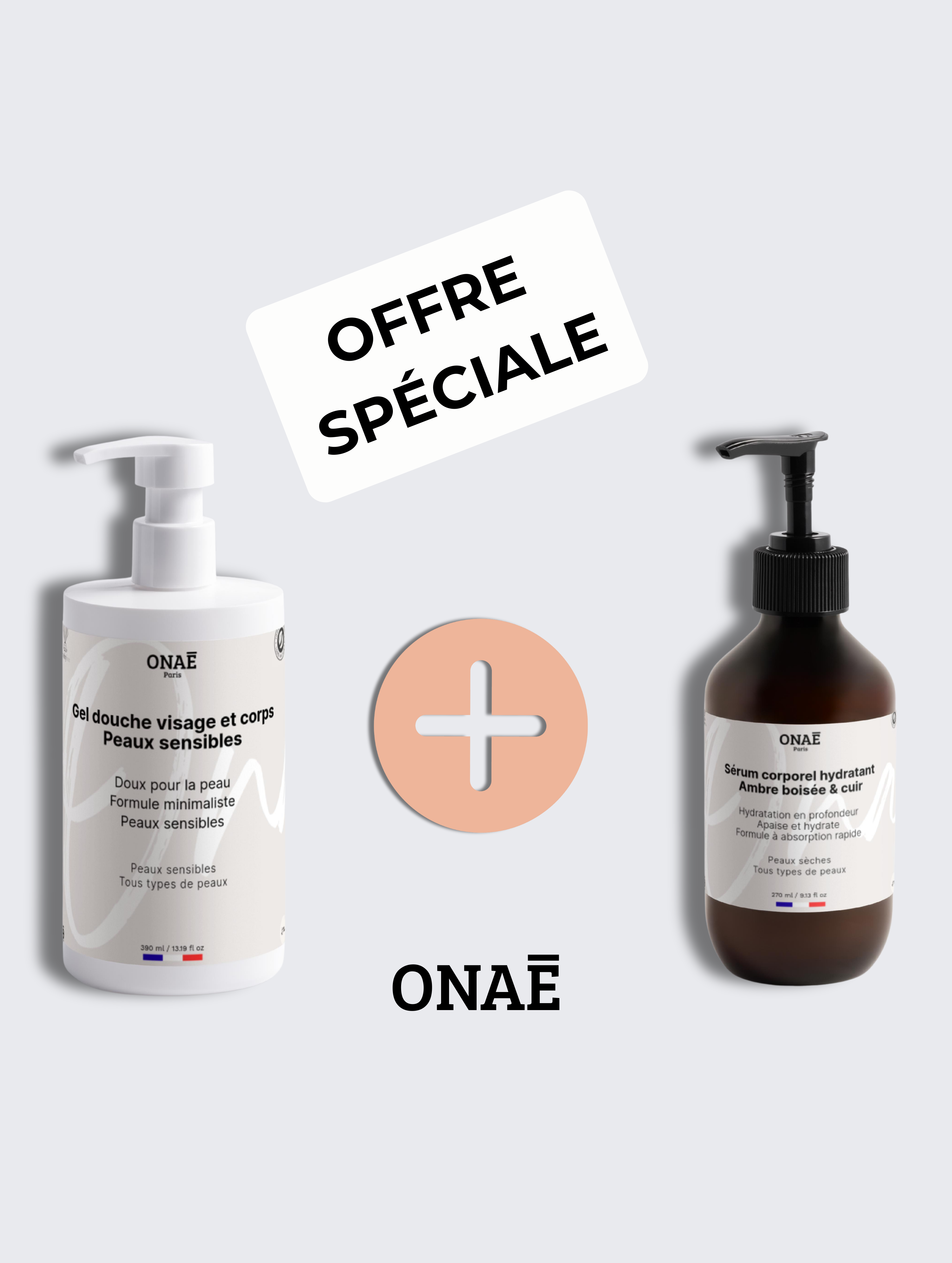 Gel douche visage et corps peaux sensibles et Sérum corporel hydratant ambre boisée et cuir Onaé paris tous types de peaux- vue principale