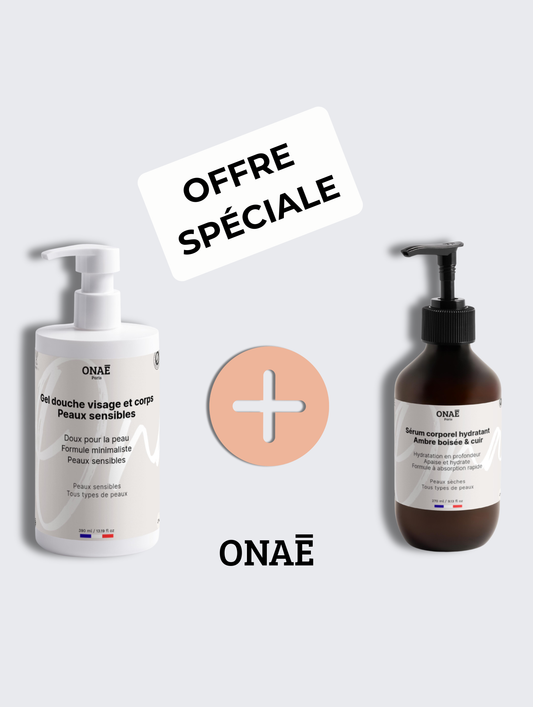 Gel douche visage et corps peaux sensibles et Sérum corporel hydratant ambre boisée et cuir Onaé paris tous types de peaux- vue principale