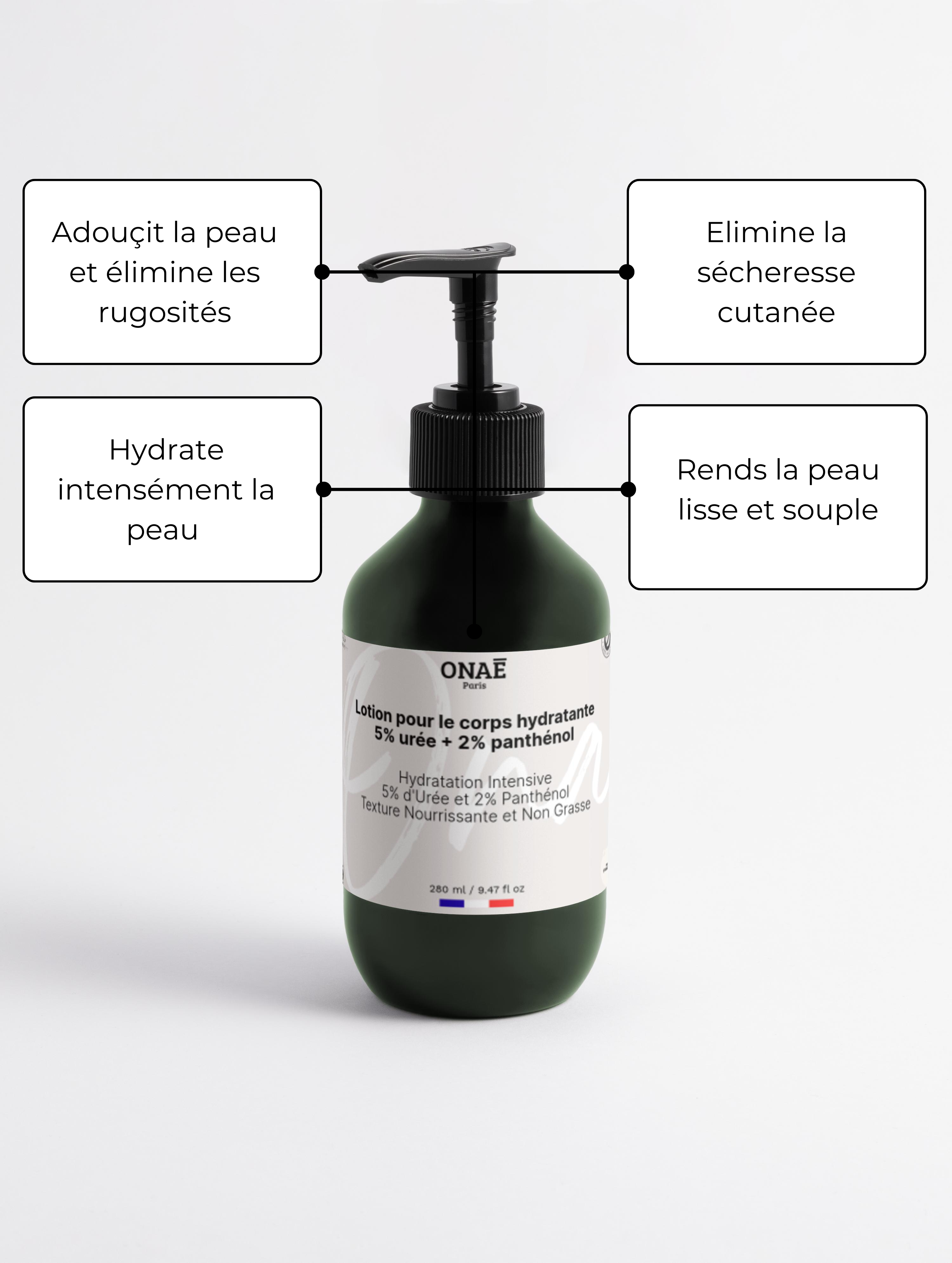 Lotion hydratante pour le corps à l'urée et au panthénol Onaé paris tous types de peaux - détails du produit