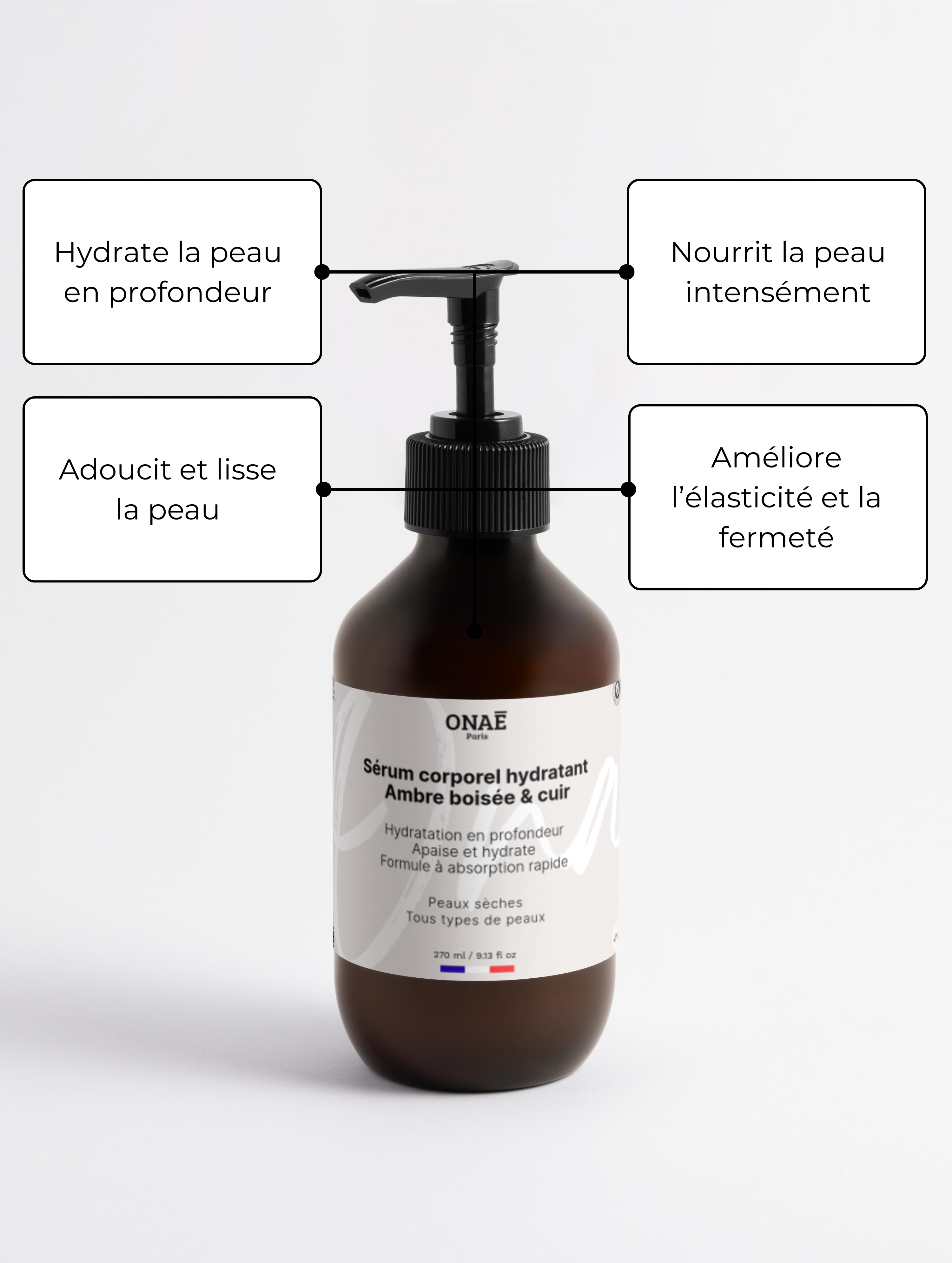 Sérum pour le corps hydratant parfum Ambre boisée et cuir Onaé tous types de peaux - détails du produit