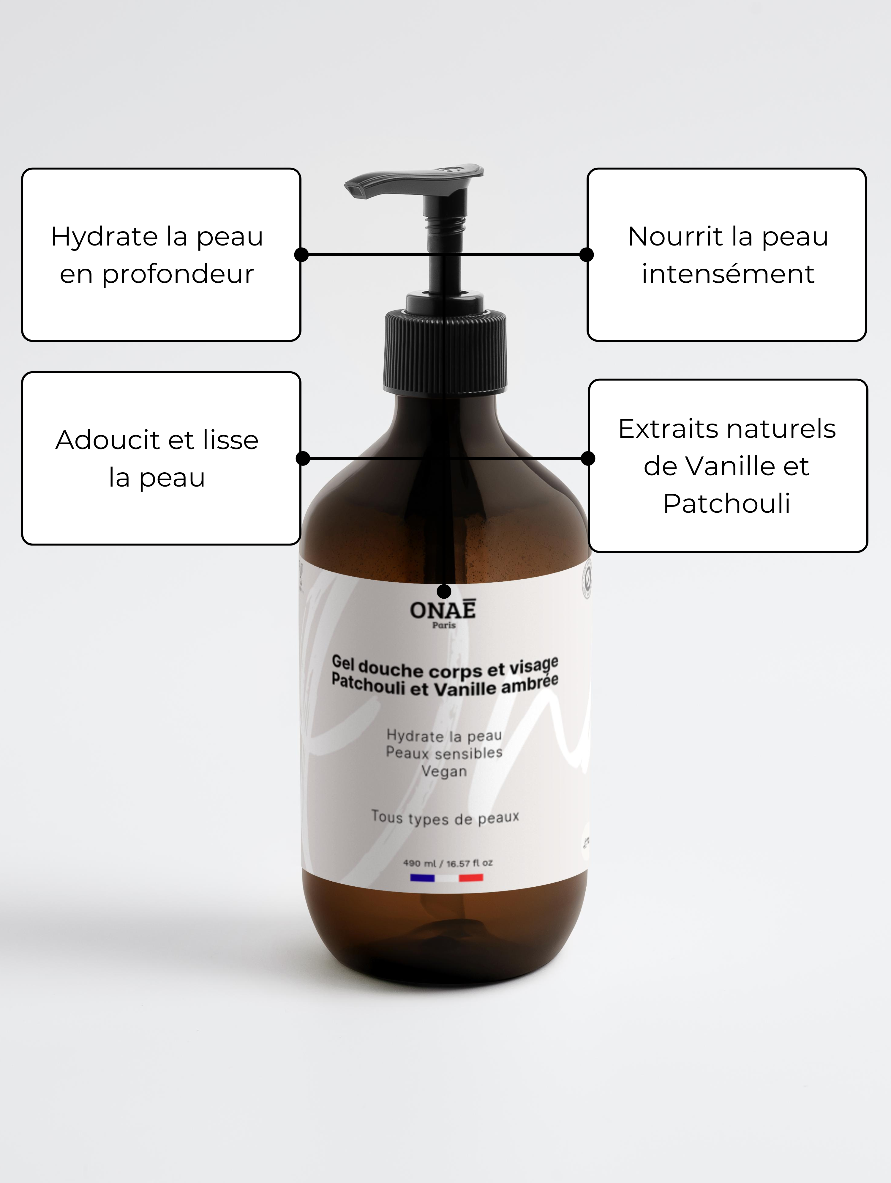 Gel douche corps et visage Patchouli et Vanille ambrée Onaé paris tous types de peaux - détails du produit