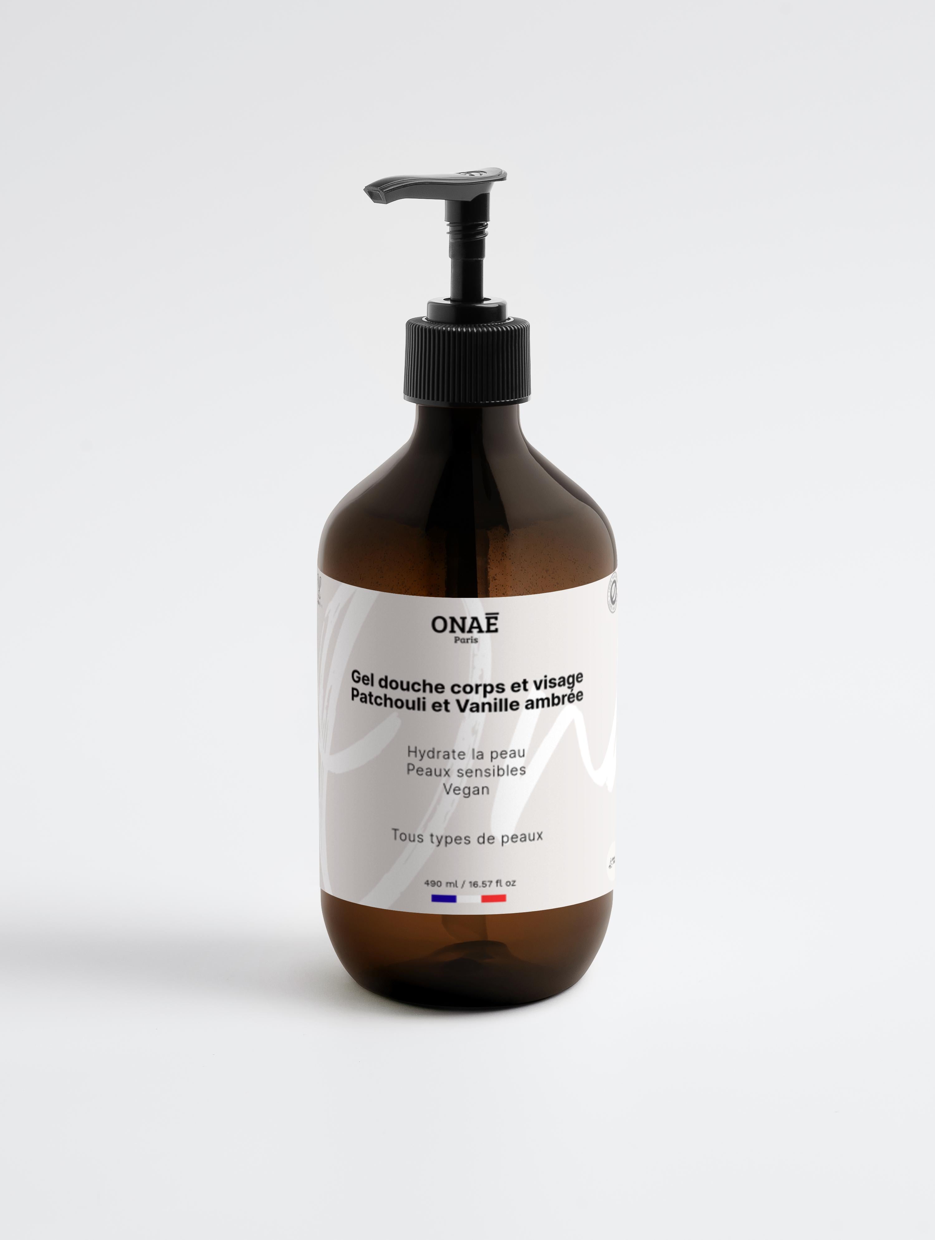 Gel douche corps et visage patchouli et vanille ambrée Onaé paris tous types de peaux - flacon vue de face