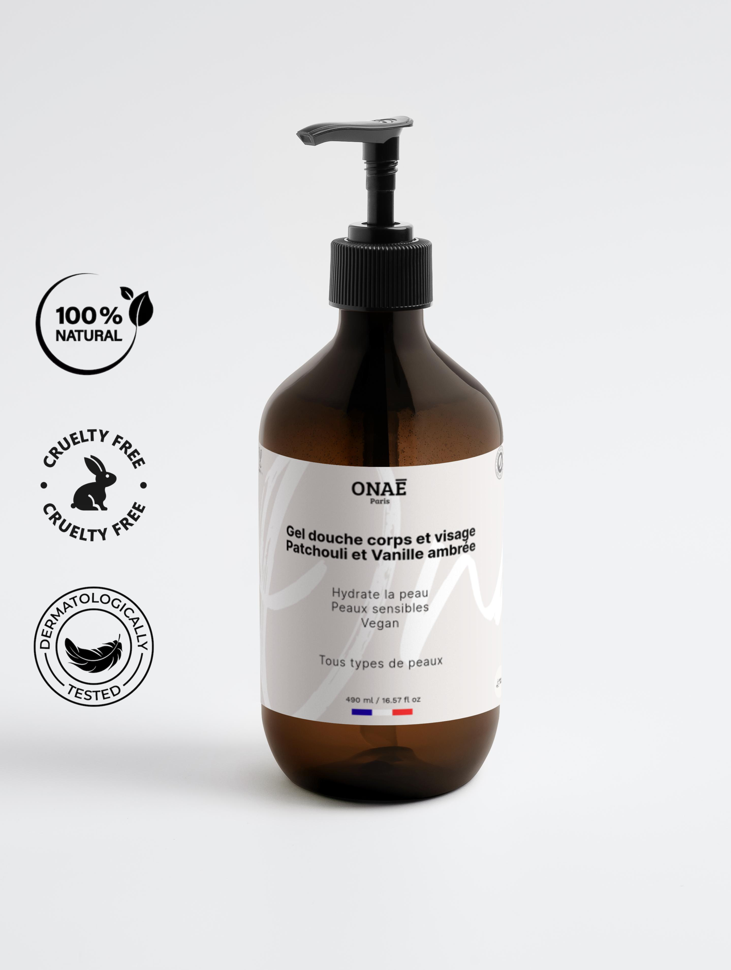 Gel douche corps et visage Patchouli et Vanille ambrée Onaé paris tous types de peaux - vue principale