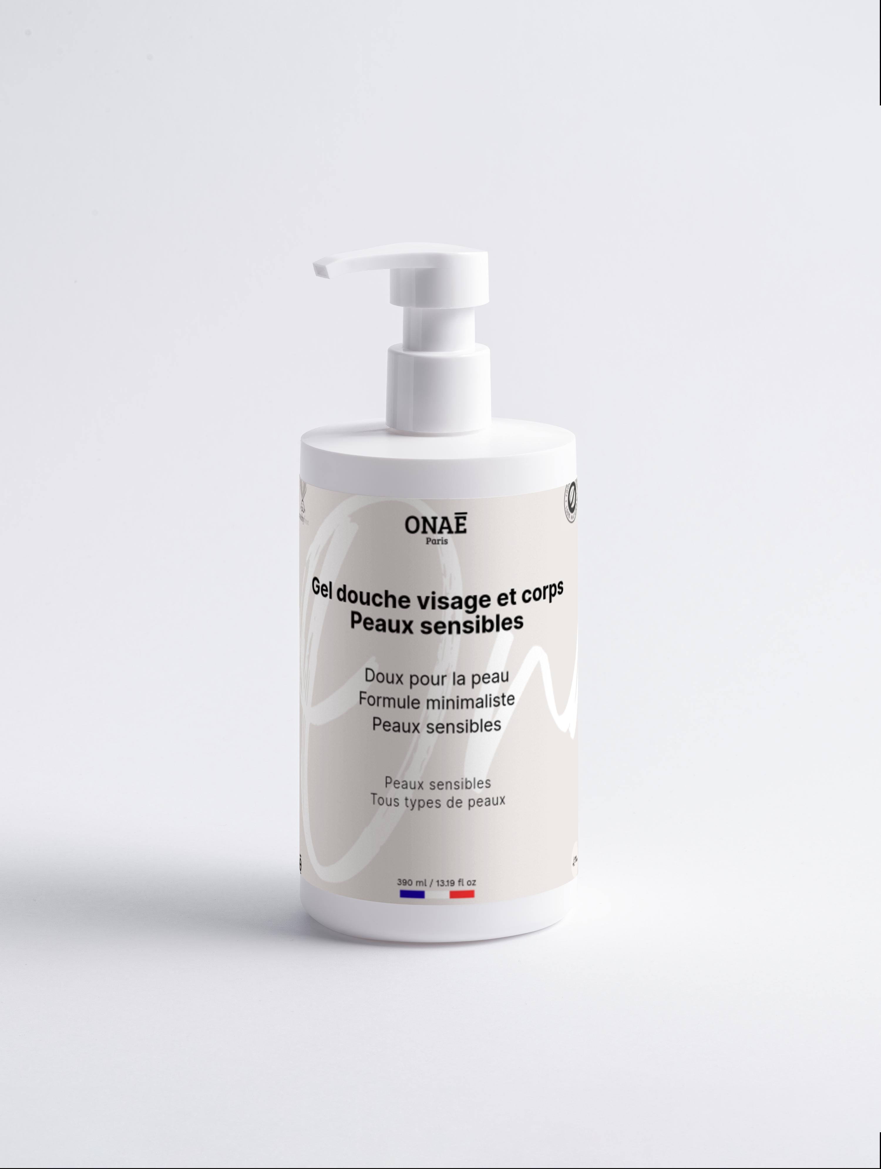 Gel douche Corps et Visage peaux sensibles Onaé paris tous types de peaux- flacon vue de face