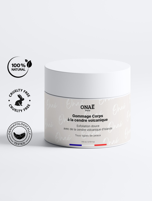 Gommage pour le visage et le corps à la cendre volcanique ONAÉ Paris - pot de face