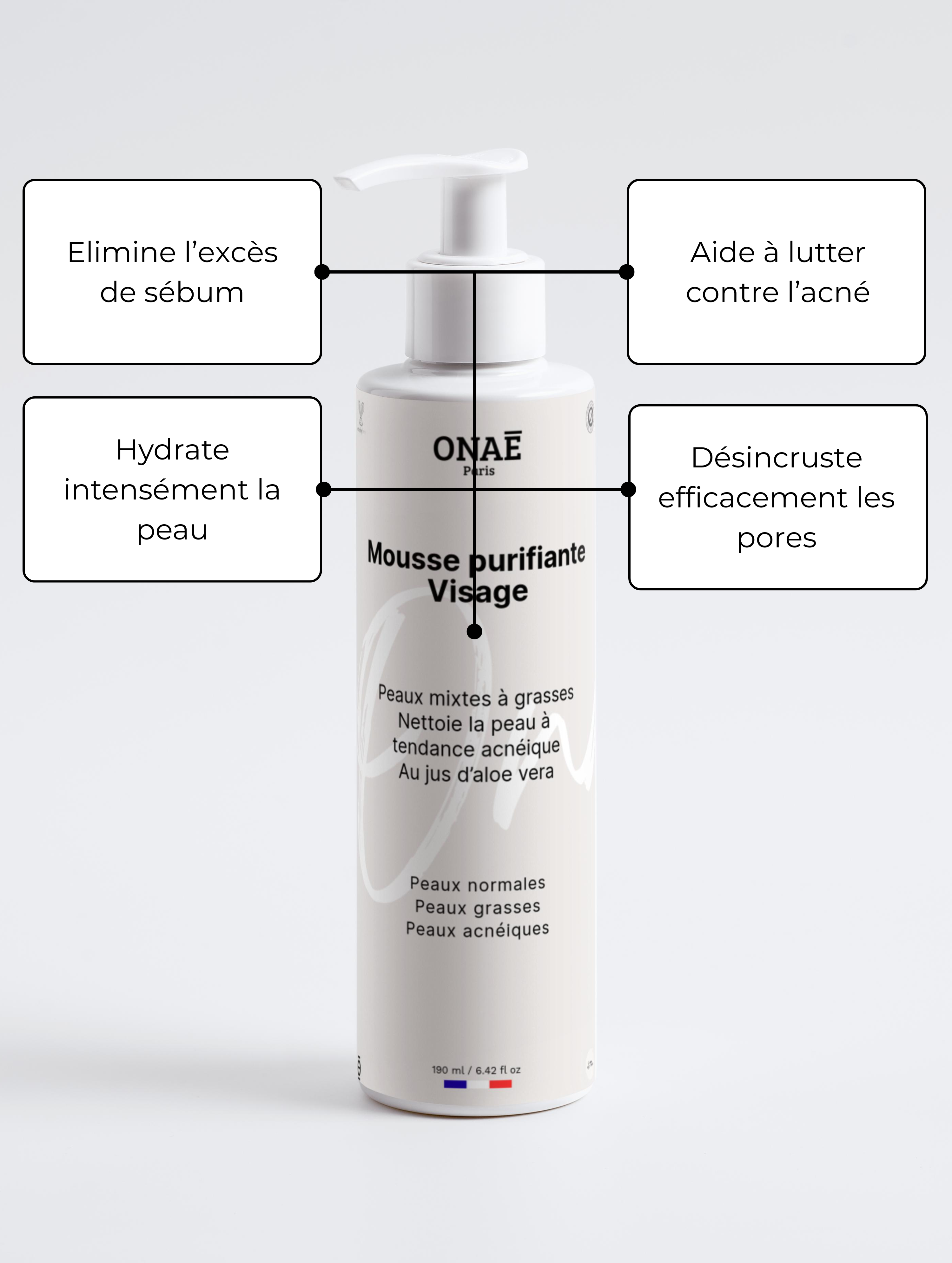 Mousse nettoyante et purifiante pour le visage spéciale acné Onaé paris tous types de peaux - détails du produit