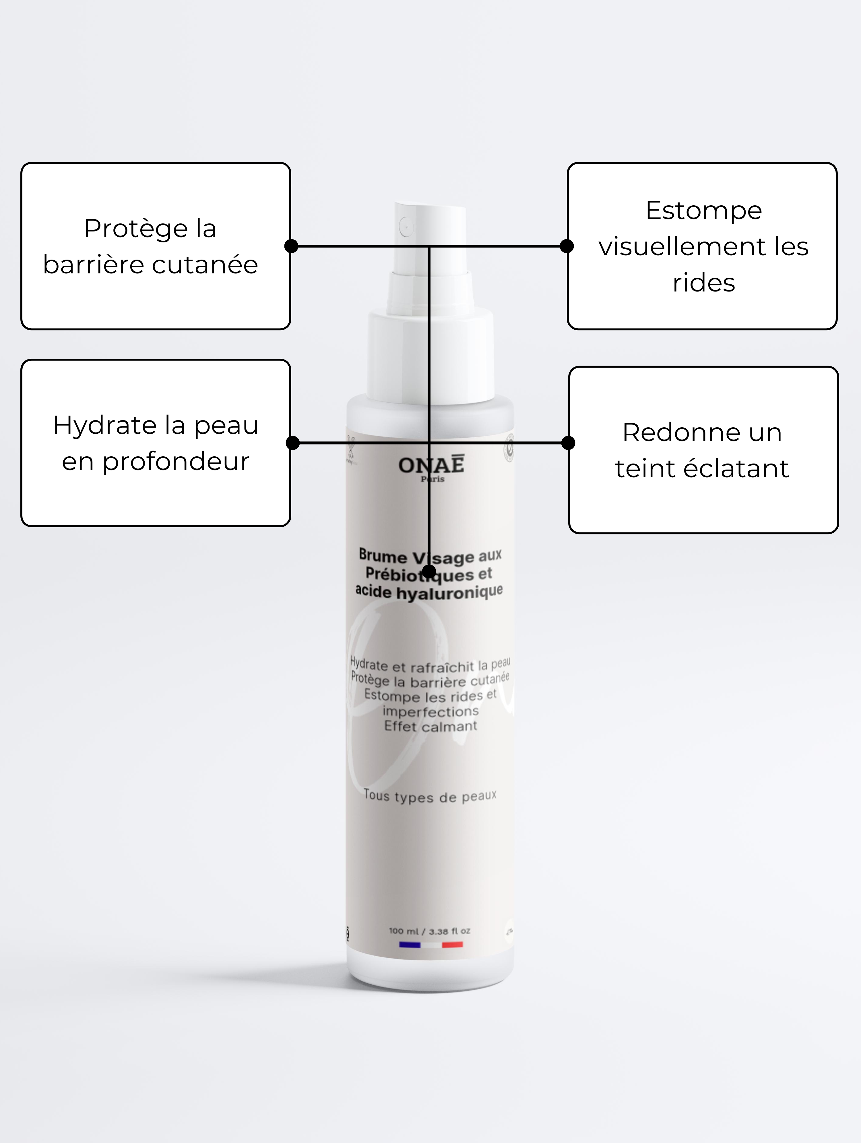 Brume pour le visage aux prébiotiques et acide hyaluronique Onaé tous types de peaux - détails du produit