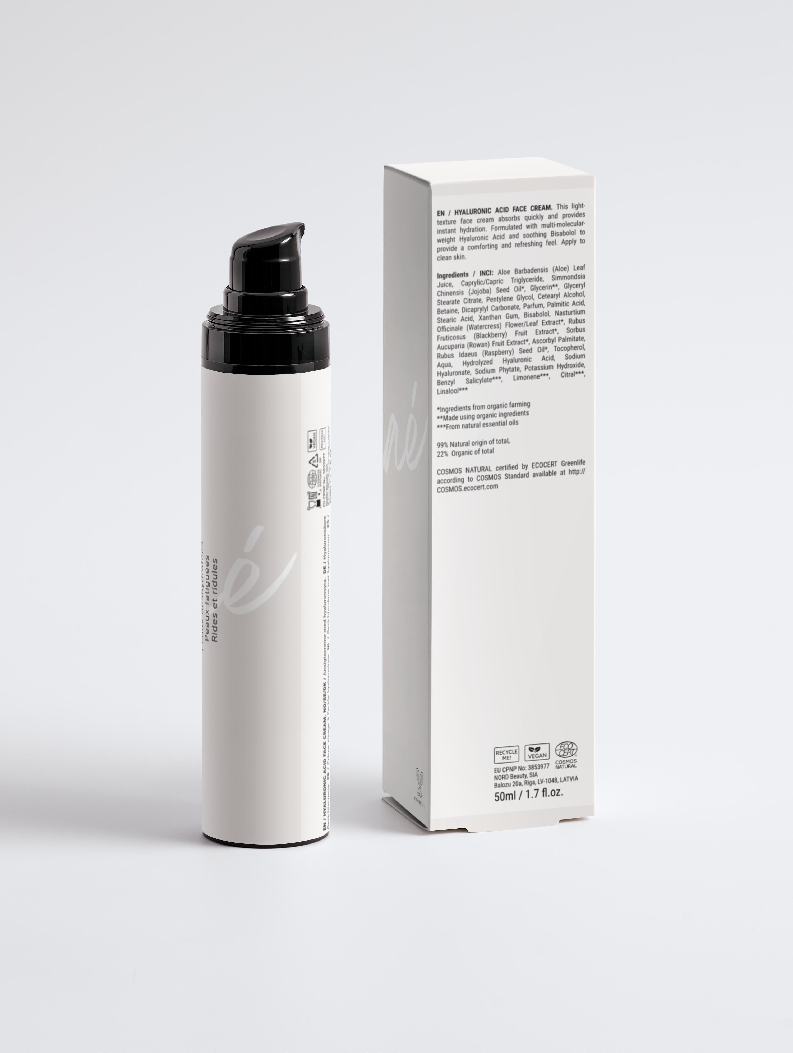 Crème pour le visage anti-rides et anti-âge à l'acide hyaluronique Onaé paris tous types de peaux - boîte et flacon vue de dos