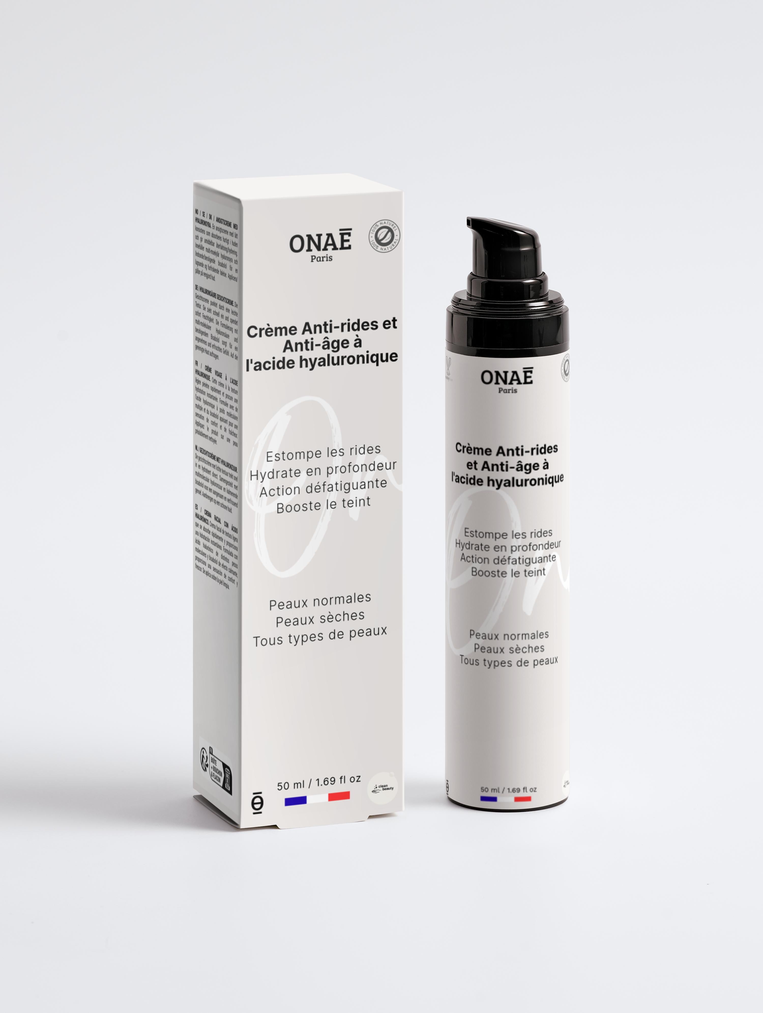 Crème pour le visage anti-rides et anti-âge à l'acide hyaluronique Onaé paris tous types de peaux - boîte et flacon vue de face