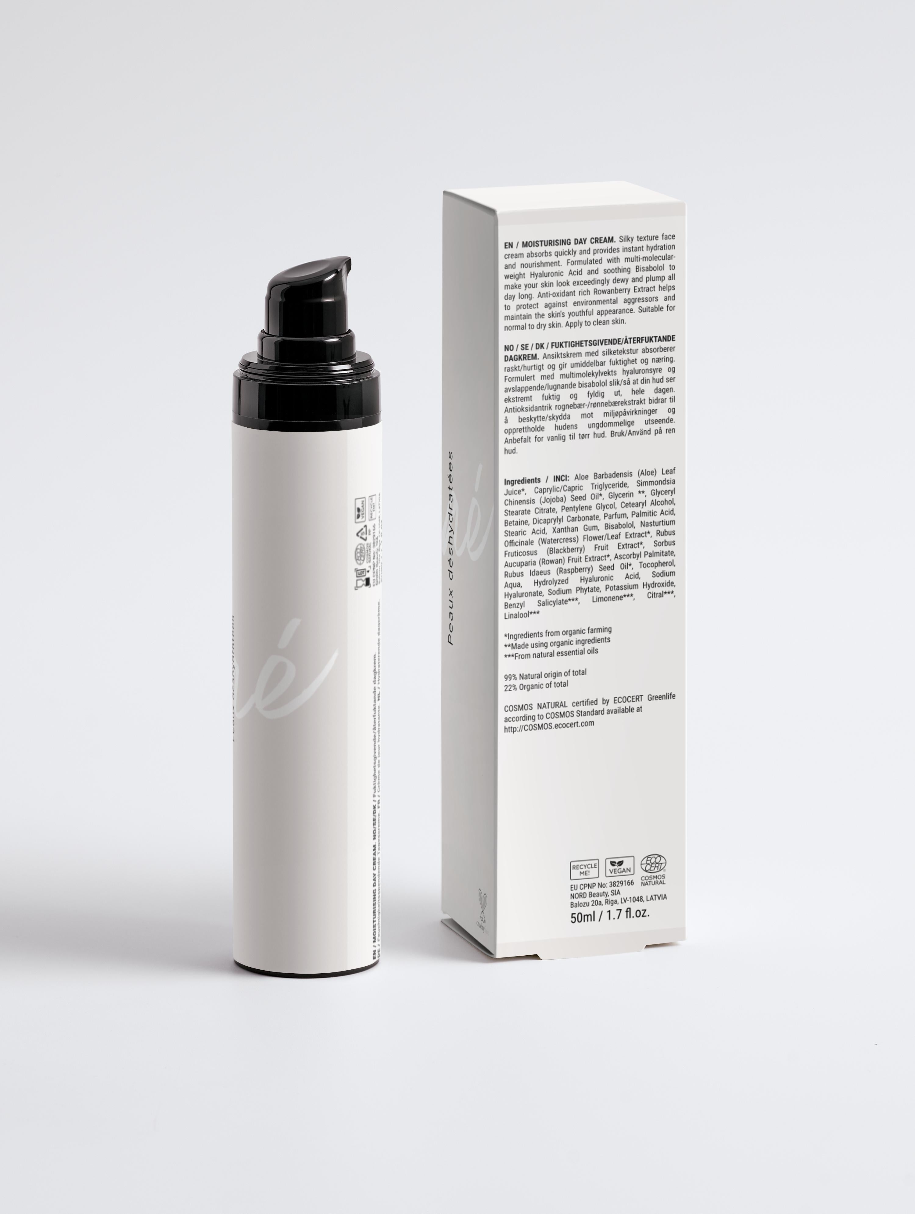Crème pour le visage hydratante et anti-âge de jour Onaé paris tous types de peaux - boîte et flacon vue de dos