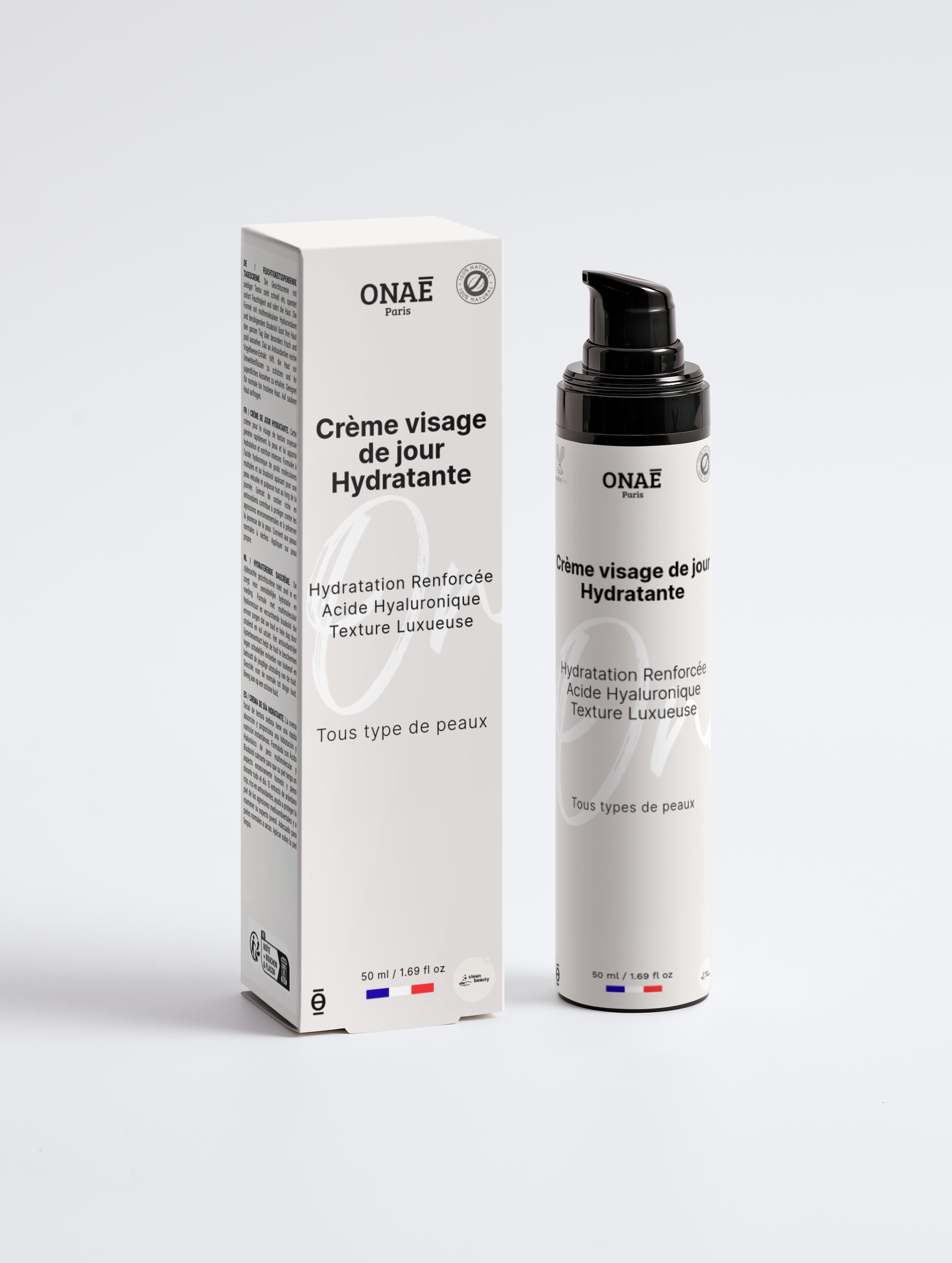 Crème pour le visage hydratante et anti-âge de jour Onaé paris tous types de peaux - boîte et flacon vue de face
