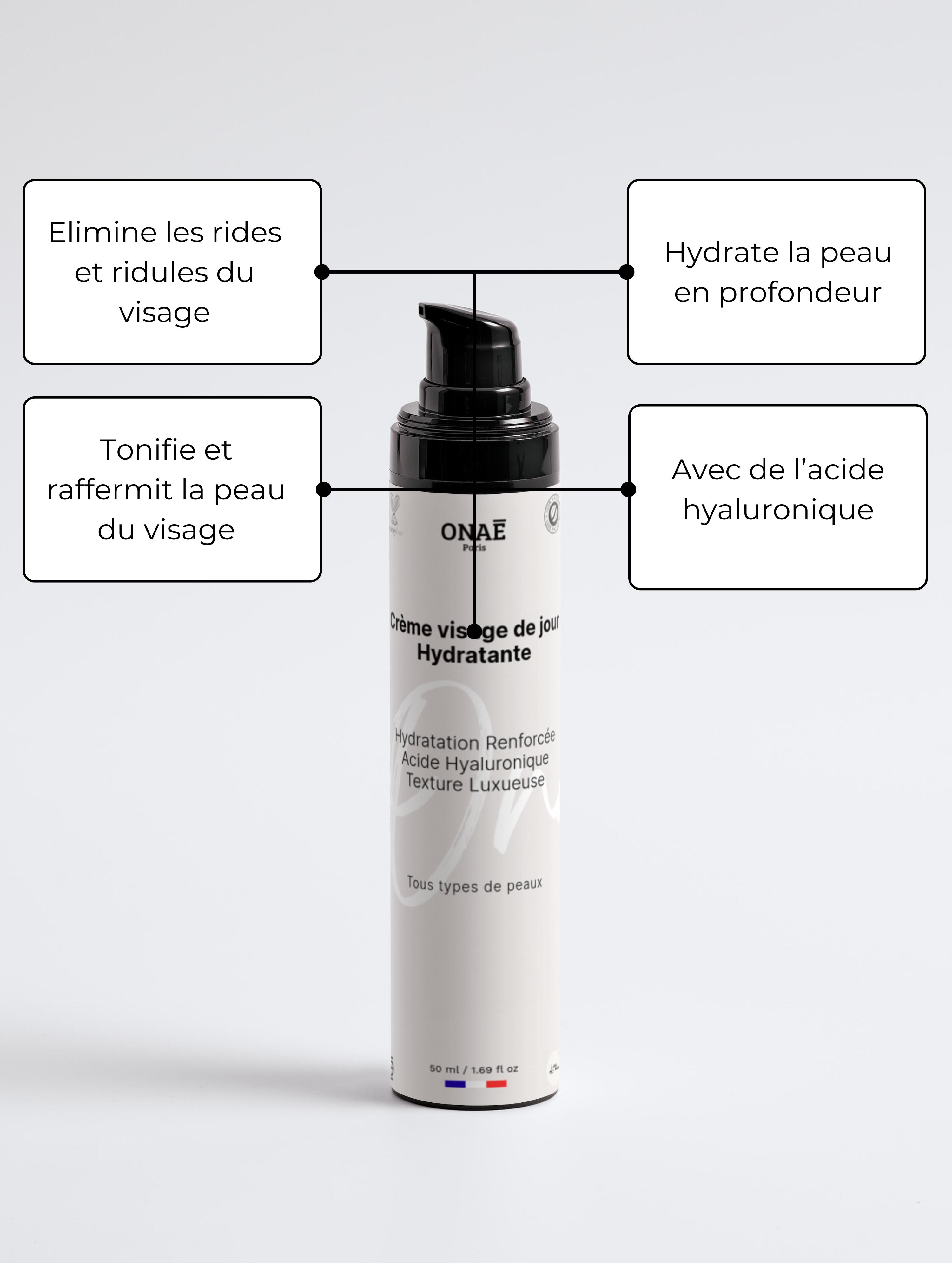 Crème pour le visage hydratante et anti-âge de jour Onaé paris tous types de peaux - détails du produit