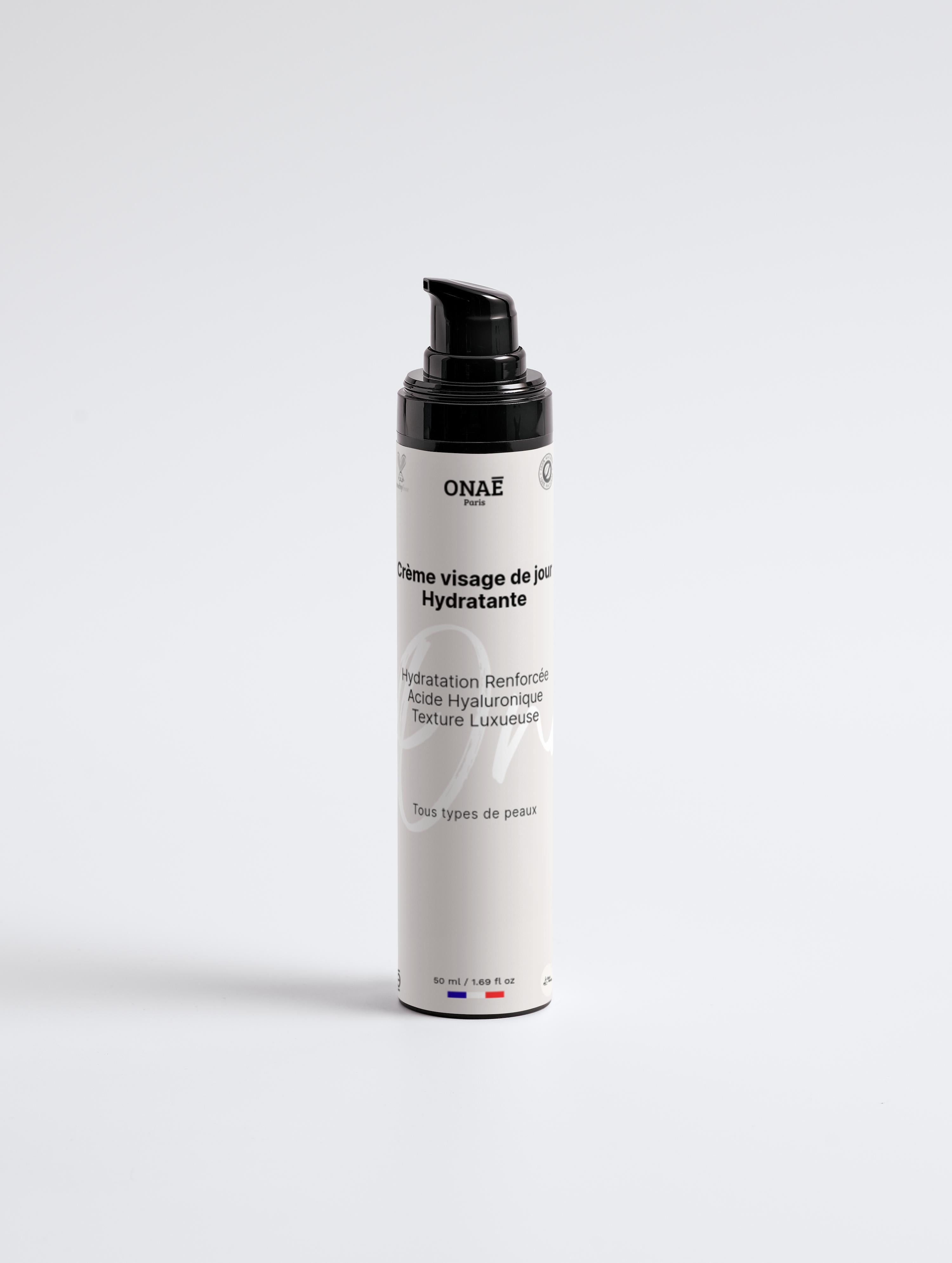 Crème pour le visage hydratante et anti-âge de jour Onaé paris tous types de peaux - flacon vue de face