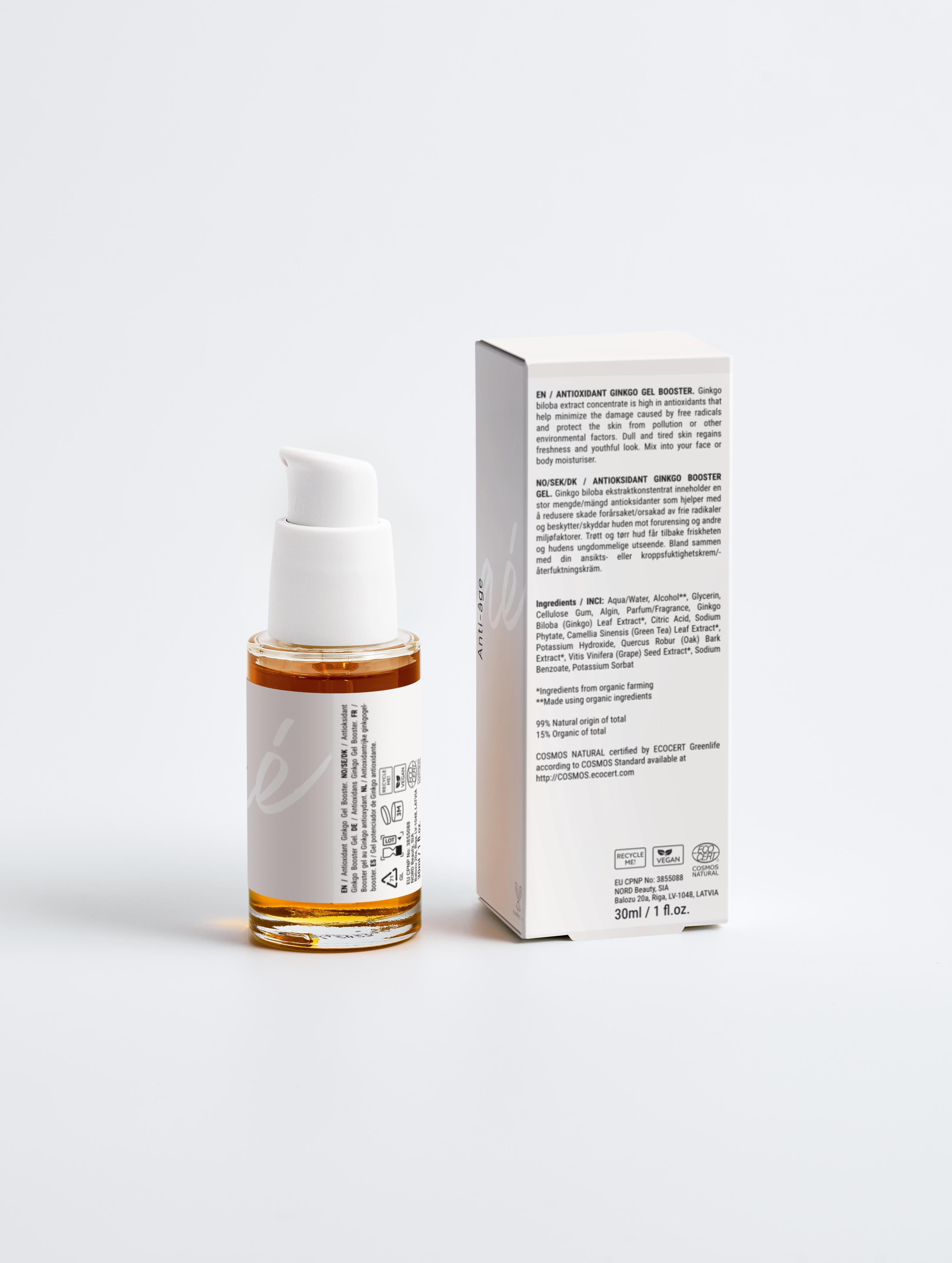 Gel pour le visage booster antioxydant au gingko Onaé paris tous types de peaux - boîte et flacon vue de dos